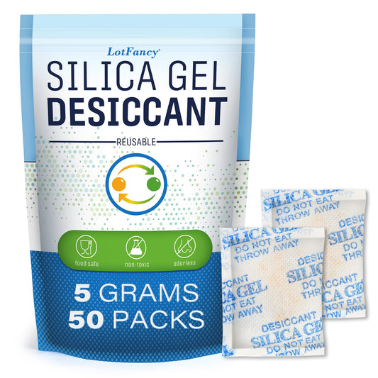 LotFancy 5 Gram (50 Pack) Silica Gel Packets, Color Indicating Desiccant - Rechargeable Moisture Absorbers for Food Storage, Electronics, 3D Filament & Safes - Medaid International