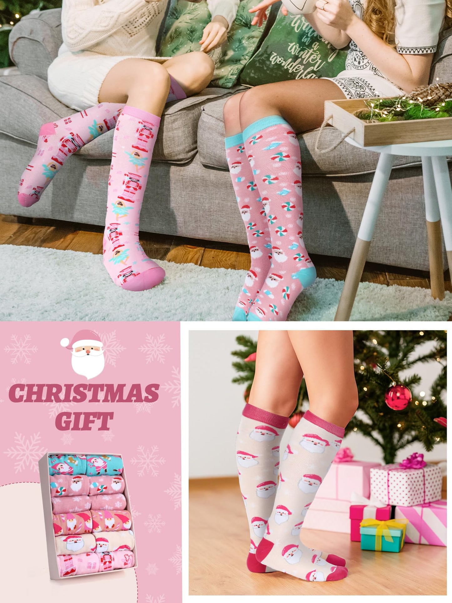 Croloose 6 Pairs Pink Christmas Socks for Women Girls Fun Santa Gnome Nutcracker Snowflake Cotton Xmas Stocking Socks(Knee High Style) - Medaid International