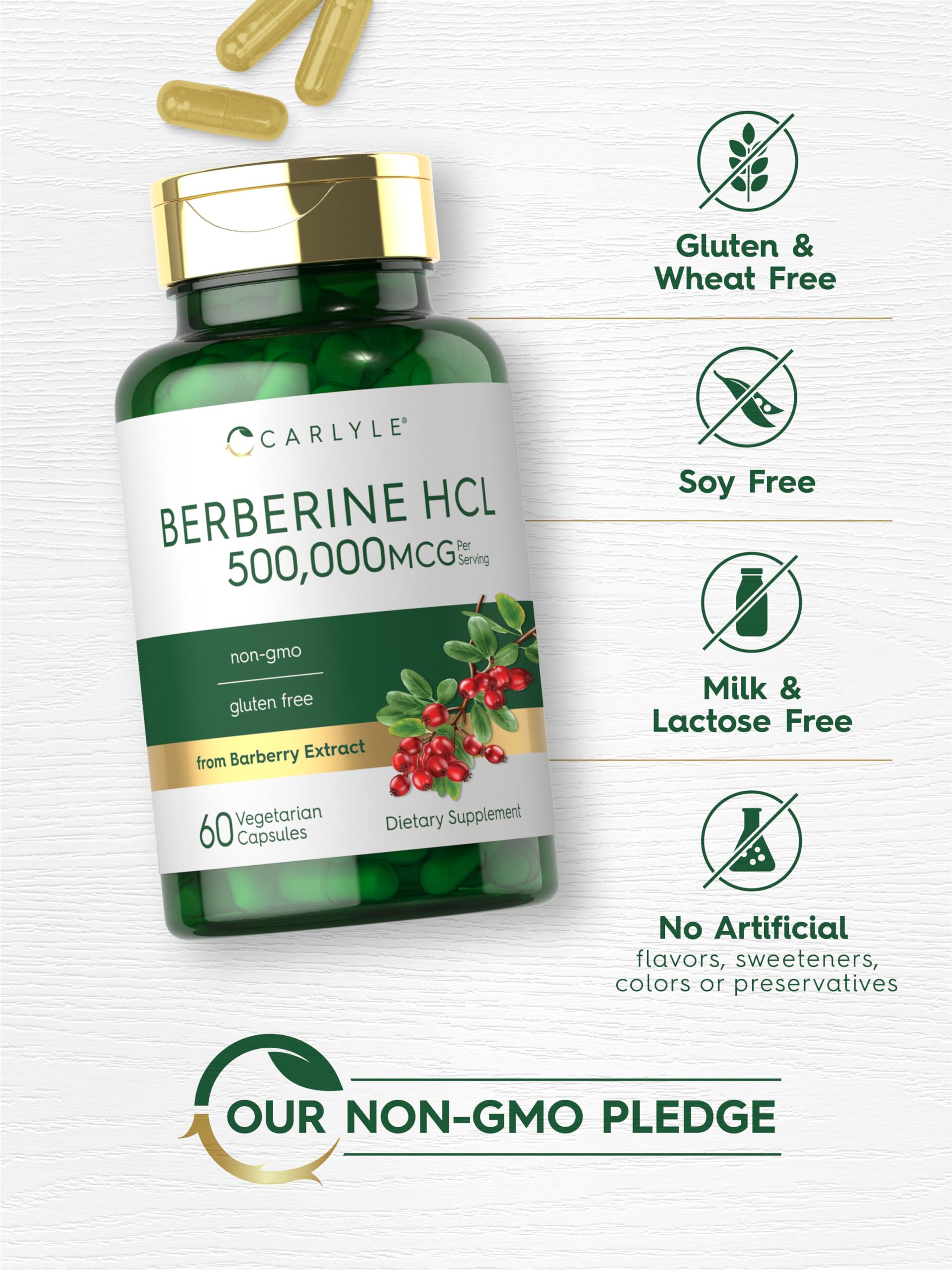 Carlyle Berberine HCL Supplement | 500,000mcg | 60 Capsules | Vegetarian, Non-GMO, Gluten Free - Medaid International