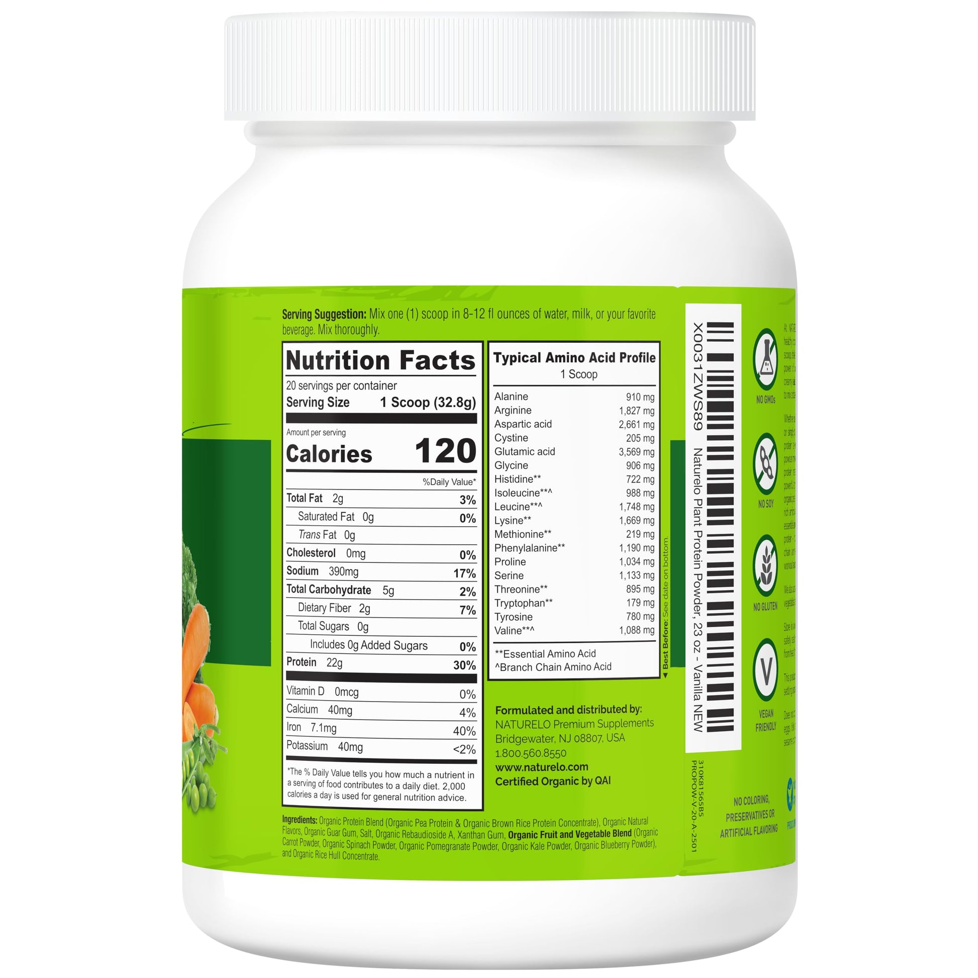 NATURELO Plant Protein Powder, Vanilla, 22g Protein - Non-GMO, Vegan, No Gluten, Dairy, or Soy - No Artificial Flavors, Synthetic Coloring, Preservatives, or Additives - 20 Servings - Medaid International