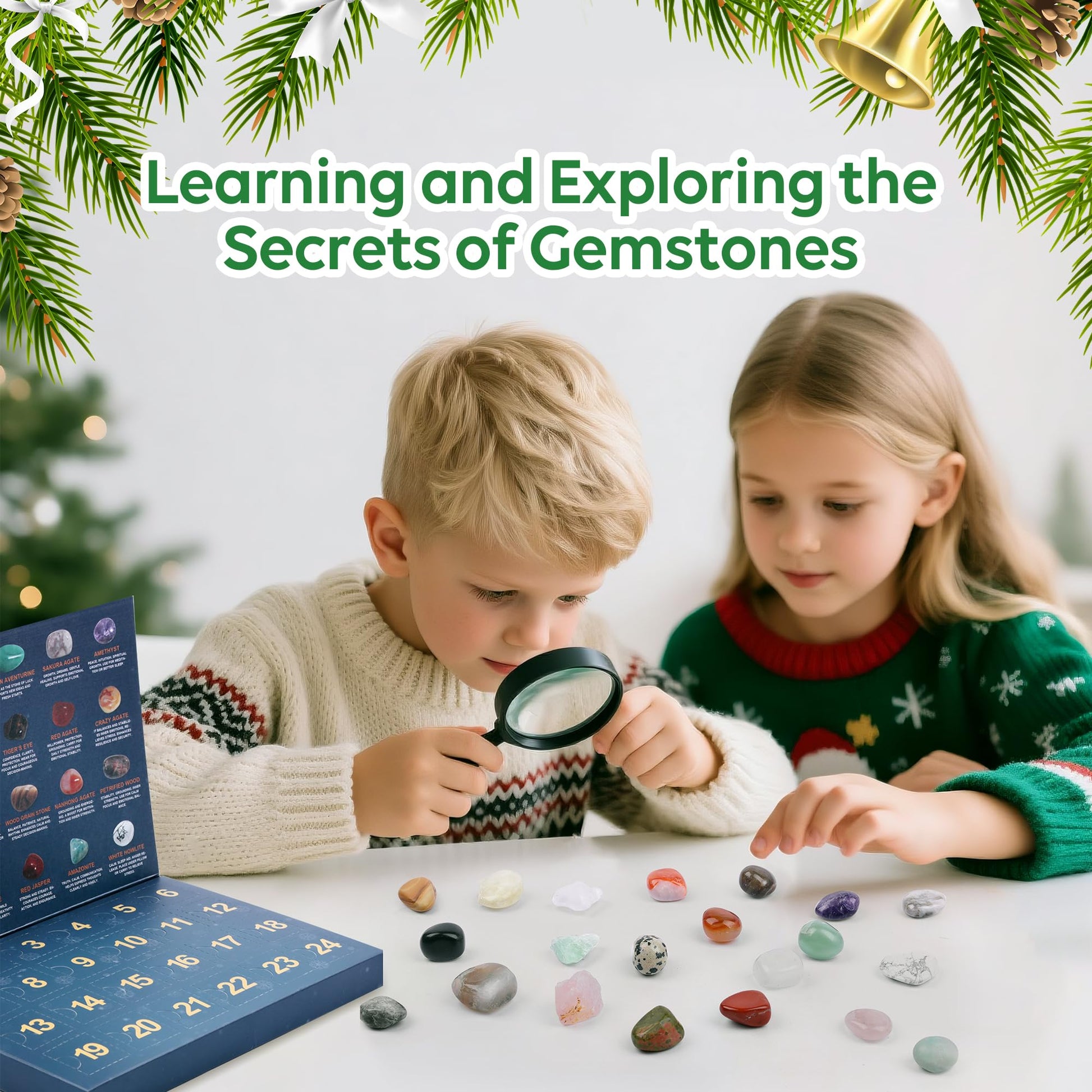 Crystal Advent Calendar 2025 for Kids, 24 Natural Gemstones & Healing Stones Advent Calendar with Geographic Gemstone Rocks and Minerals - Christmas Countdown Gift for Boys, Girls, Teens & Adults - Medaid International