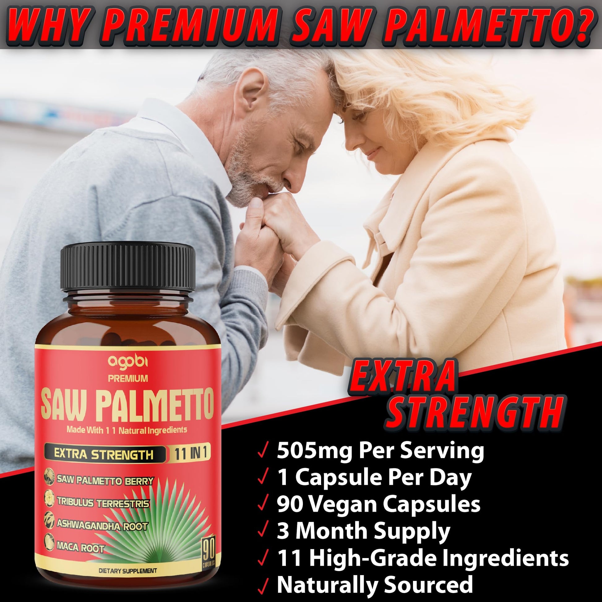 Premium Saw Palmetto Capsules - Combined with Ashwagandha, Turmeric, Tribulus, Maca, Green Tea, Ginger, Holy Basil & More - 90 Capsules 3-Month Supply - Medaid International