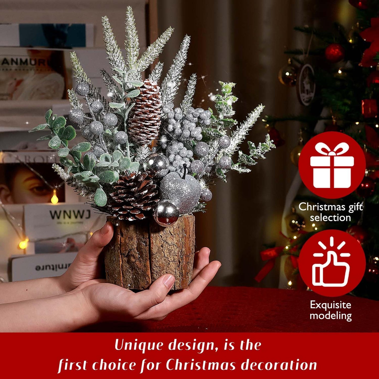 Small Christmas Tree Tabletop Artificial Mini Christmas Tree Decorations with Holiday Ornaments Red Berry Pine Cone Greenery for Home Indoor Fireplace Mantel Xmas Decor (Tree Stump-Silver) - Medaid International