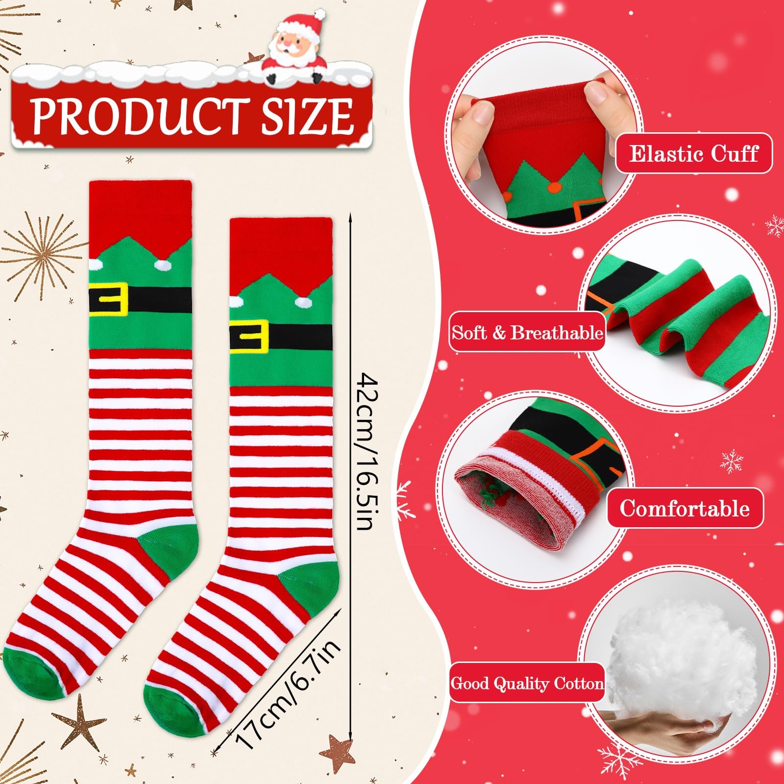 BOARDFEB 4 Pairs Christmas Knee High Socks Santa Elf Knee Socks Funny Holiday Knee High Sock Long Novelty Xmas Stocking For Women and Men Christmas Gifts - Medaid International