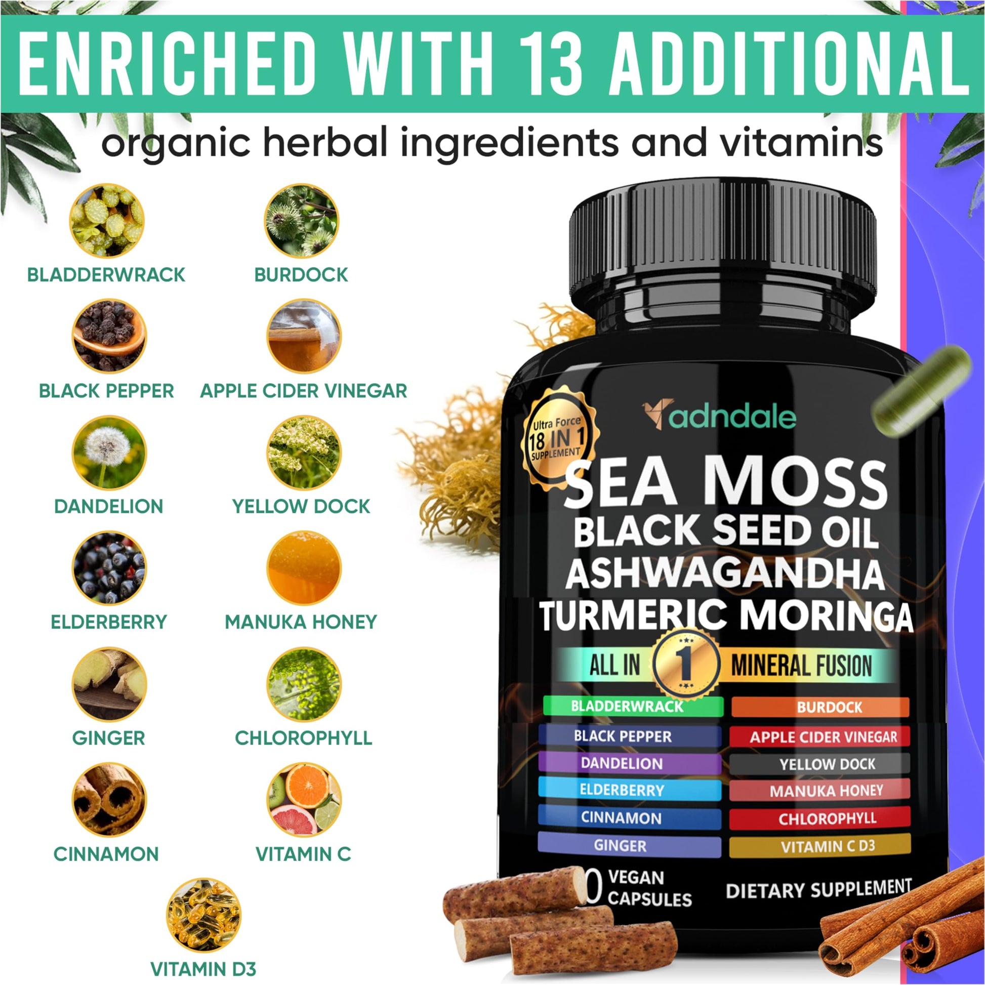 Adndale Sea Moss Black Seed Oil Ashwagandha Ginger Capsules. SeaMoss Capsules with Black Seed Oil, Ashwagandha, Turmeric, Moringa, Bladderwrack, Burdock Root, Manuka Honey, Cinnamon - Medaid International