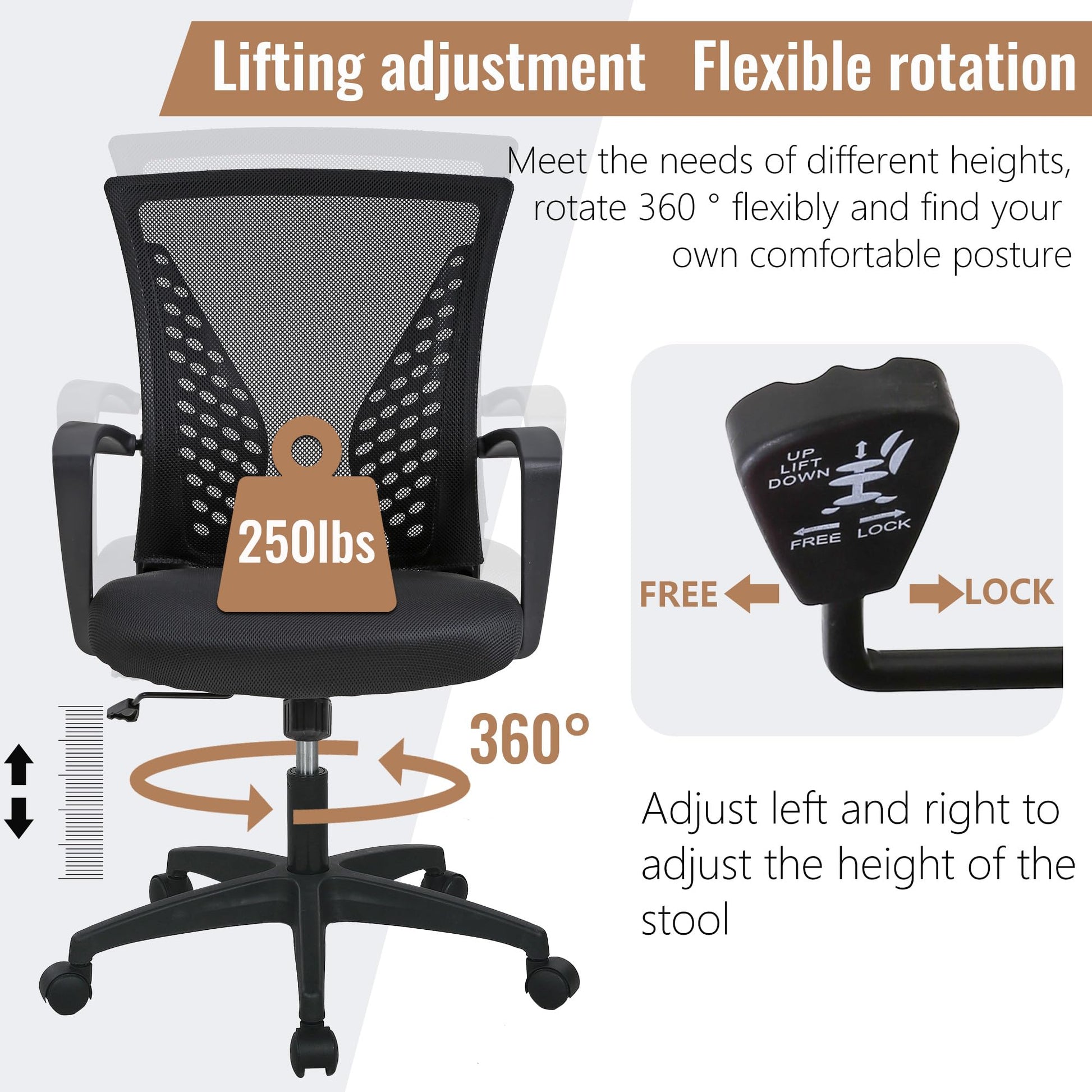 Home Office Chair Mid Back PC Swivel Lumbar Support Adjustable Desk Task Computer Ergonomic Comfortable Mesh Chair with Armrest (Black) - Medaid International