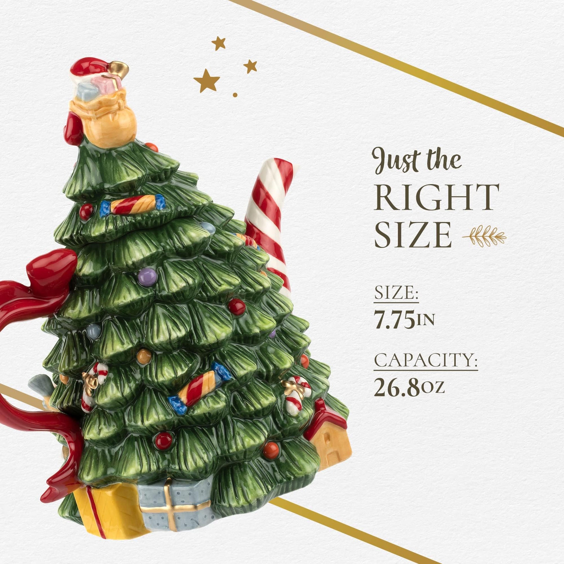 Spode Christmas Tree Figural Teapot - Festive 27 oz Christmas Teapot with Mistletoe Accents, Peppermint Stripe Spout, and Ribbon Handle - Decorative Dolomite Tea Pot for Holiday Tea Parties - Medaid International