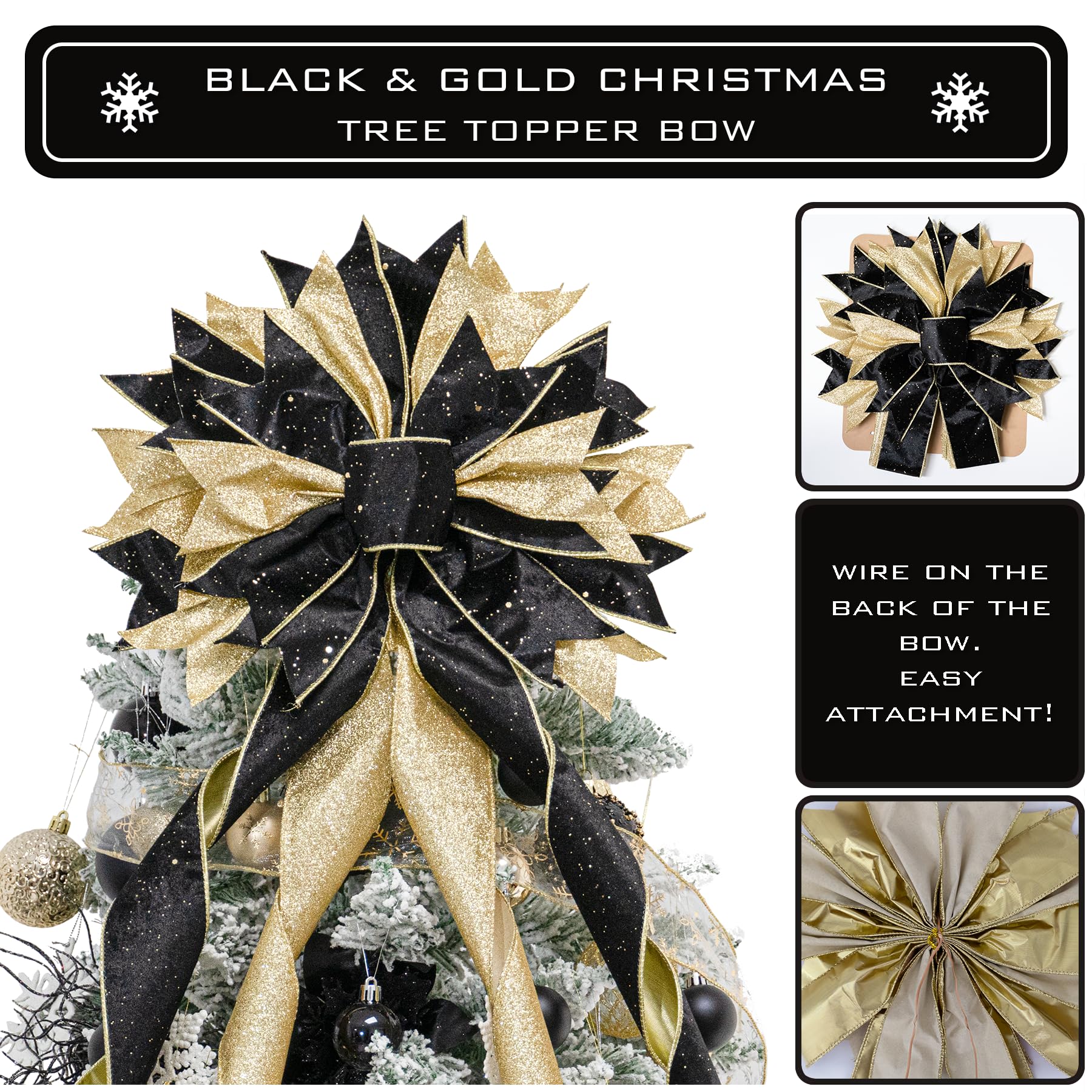 Hismir Christmas Tree Topper Bow, 53x13 Inches Large Christmas Bow with Glitter Streamer, Decorative Ribbon Bows for Xmas Tree Wreath Door Festival Home Decor(Black & Gold) - Medaid International