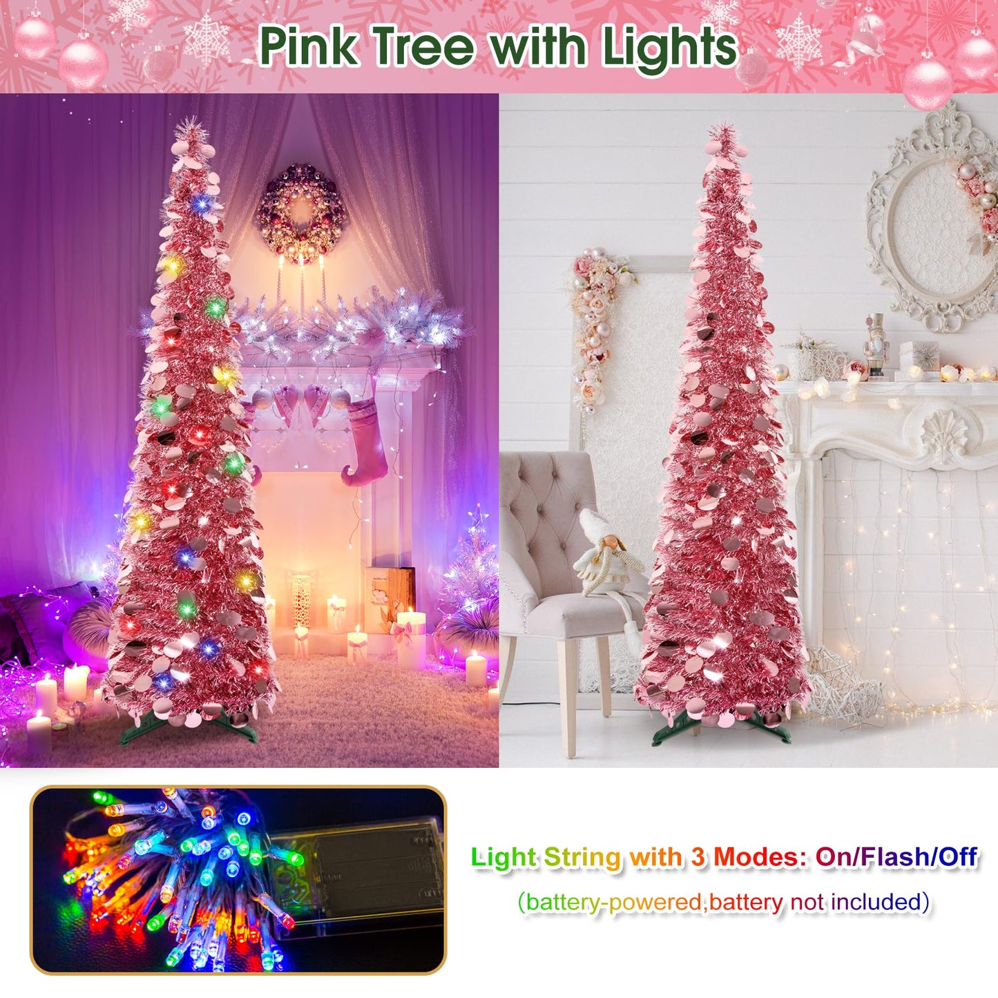 5Ft Pop Up Christmas Tree with Lights, Collapsible Pencil Tree Pink, Skinny Christmas Tree Slim Xmas Tree, Artificial Tinsel Tree Foldable for Home Apartment Holiday Party Winter Decor - Medaid International