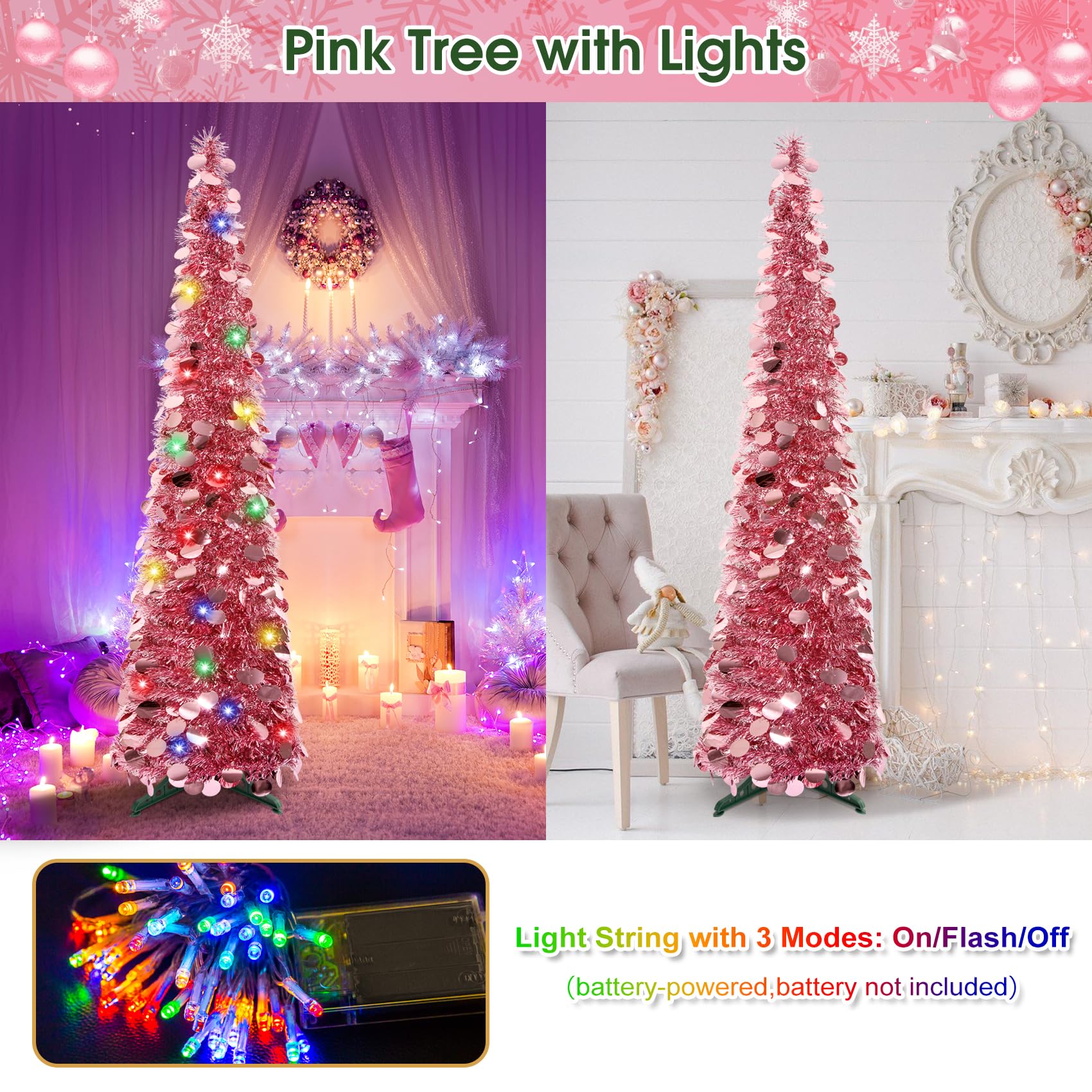5Ft Pop Up Christmas Tree with Lights, Collapsible Pencil Tree Pink, Skinny Christmas Tree Slim Xmas Tree, Artificial Tinsel Tree Foldable for Home Apartment Holiday Party Winter Decor - Medaid International