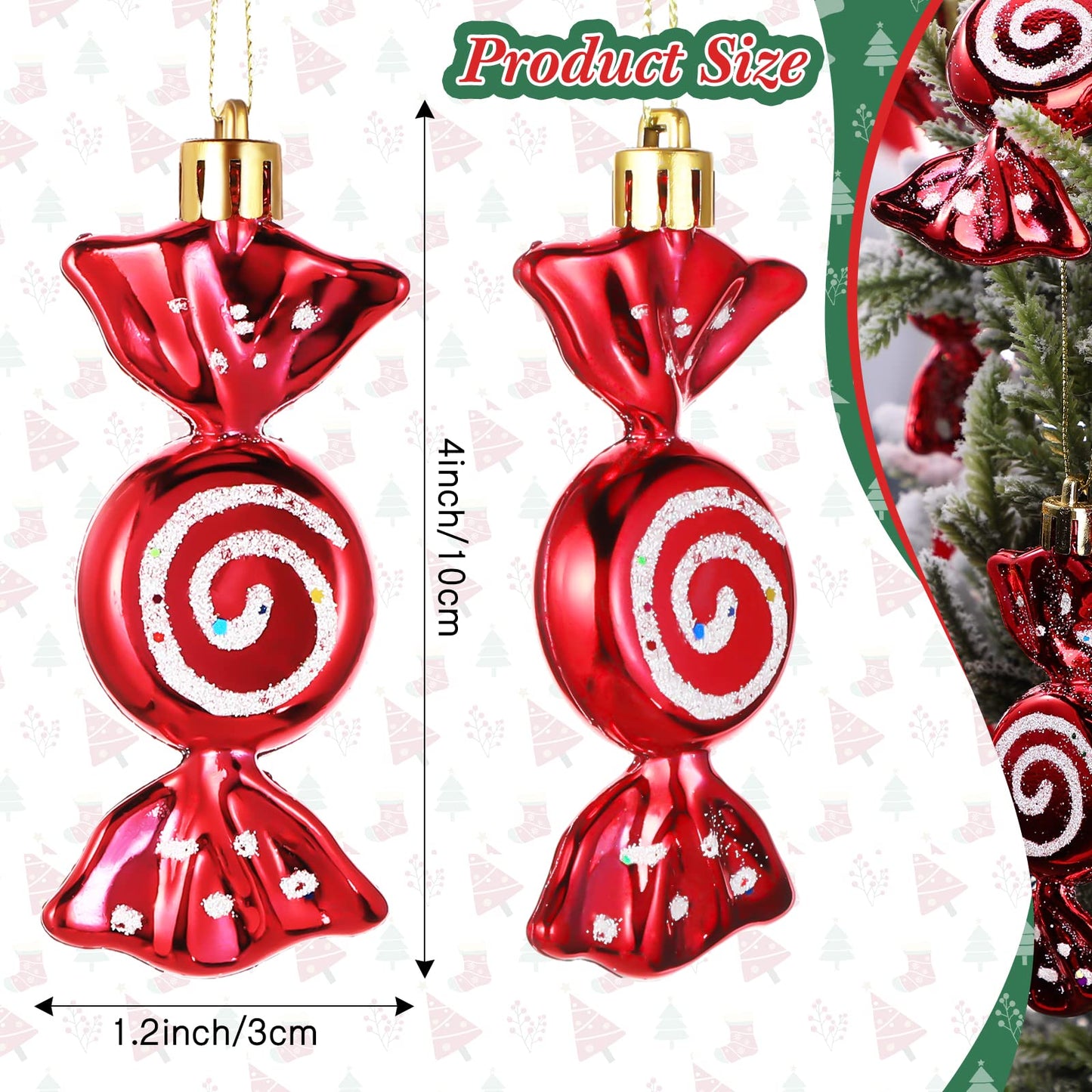 Threan 12 Pcs Christmas Candy Ornaments Hanging Glitter Candy Cane Decoration Xmas Tree Peppermint Ornament with Golden Rope for Xmas Halloween Decoration(Red,Plastic) - Medaid International