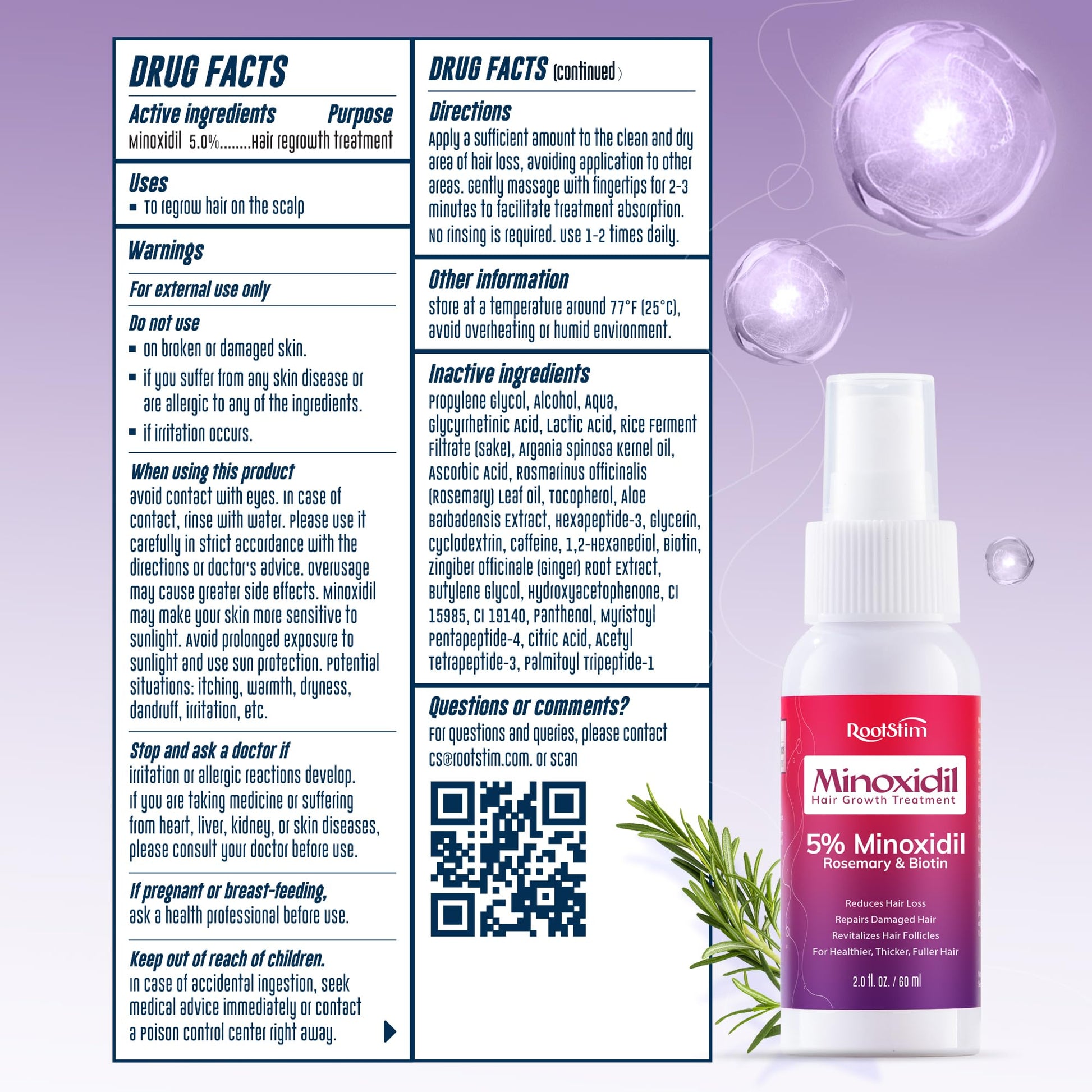 Women's 5% Minoxidil Spray for Hair Growth: RootStim Extra Strength Minoxidil with Rosemary & Biotin for Thinning Hair Regrowth and Fuller Hair 60 ML - Medaid International