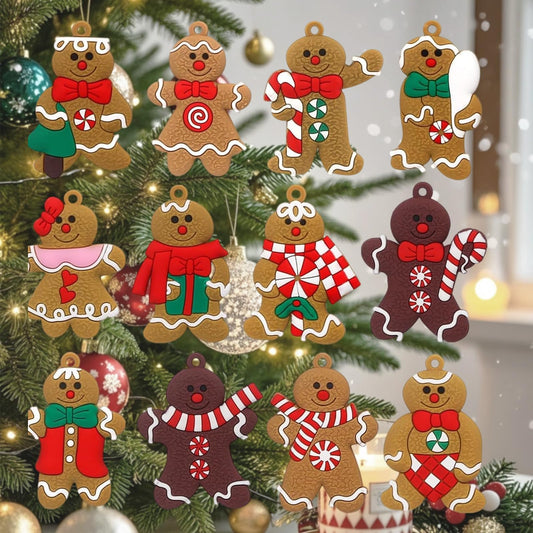 12 Pack Christmas Tree Ornaments - Gingerbread Man Decorations, Assorted Festive Figurines with Hanging Strings for Christmas Tree, Candy Gingerbread - Medaid International