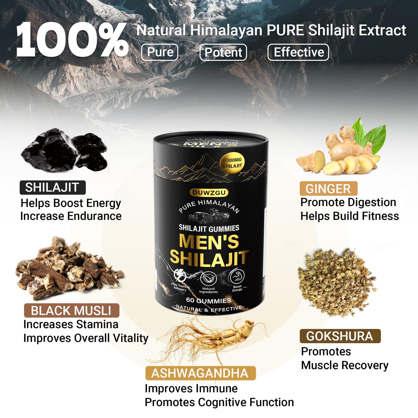Himalayan Shilajit Gummies for Men & Women –100% Natural Organic Gold Gummies 3000mg with Ashwagandha,Black Musli,Helps Boost Energy,Gokshura,Stamina Vitality Support -Vegan, Non-GMO - 60 Gummies - Medaid International