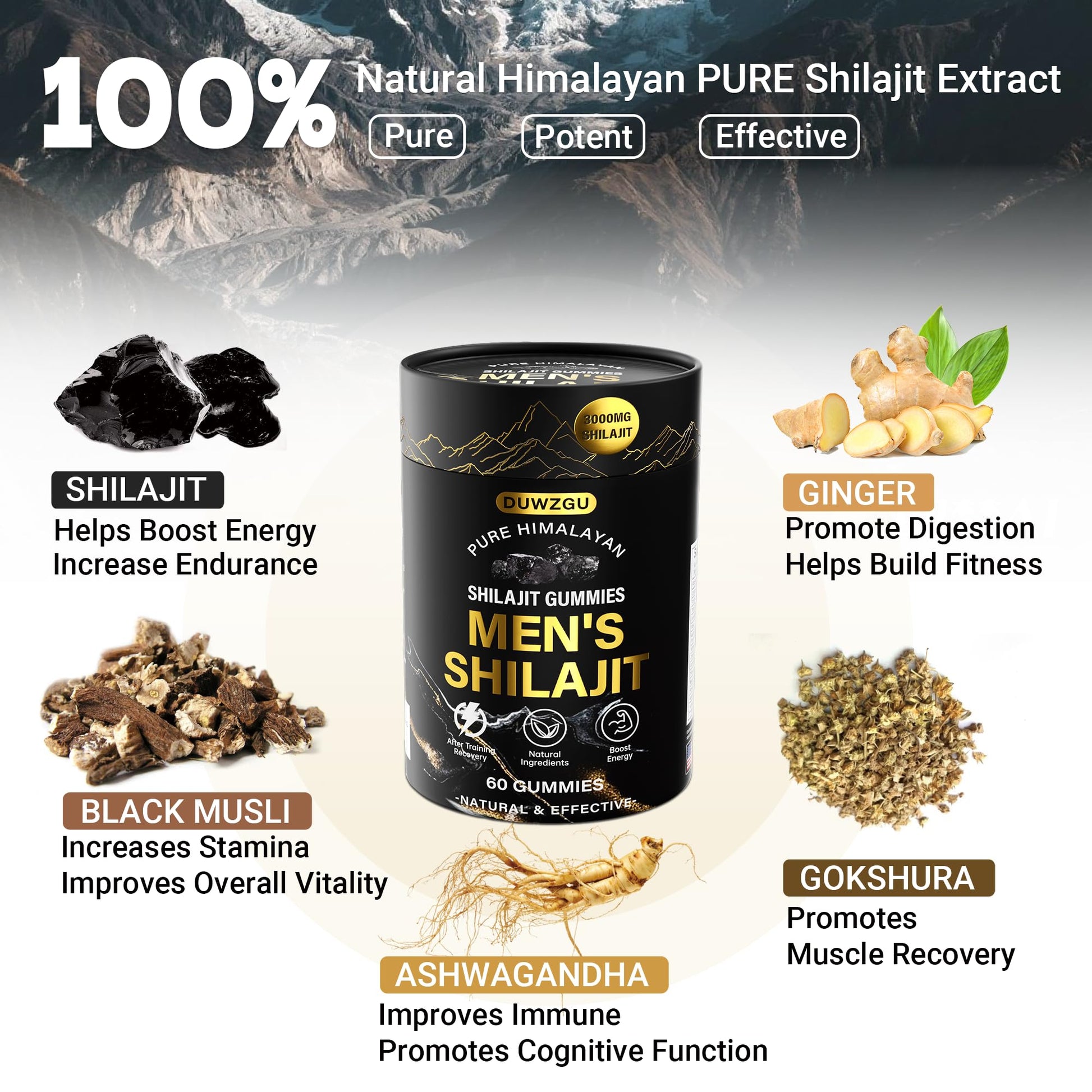 Himalayan Shilajit Gummies for Men & Women –100% Natural Organic Gold Gummies 3000mg with Ashwagandha,Black Musli,Helps Boost Energy,Gokshura,Stamina Vitality Support -Vegan, Non-GMO - 60 Gummies - Medaid International