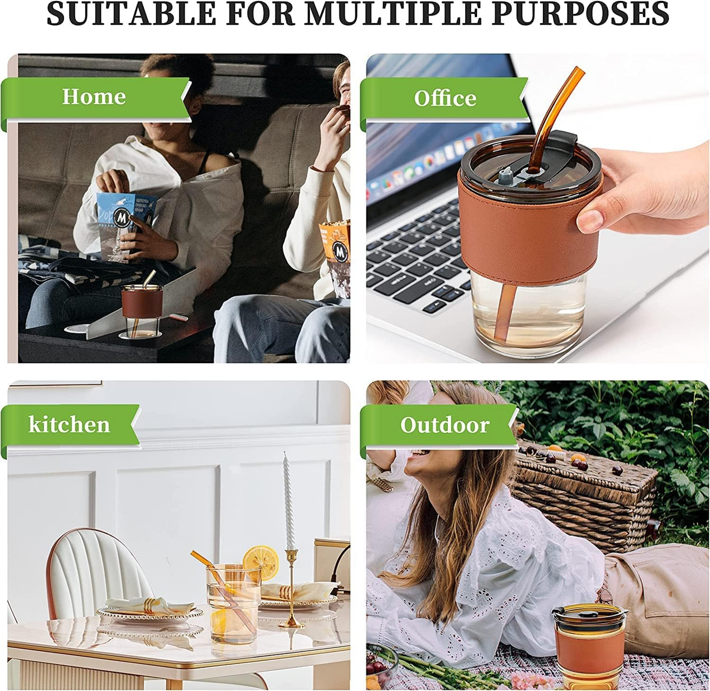 Coffee Mug Glass Tumbler With Silicone Straw and Lid 360 ml, Cup With Leather Sleeve - Medaid International