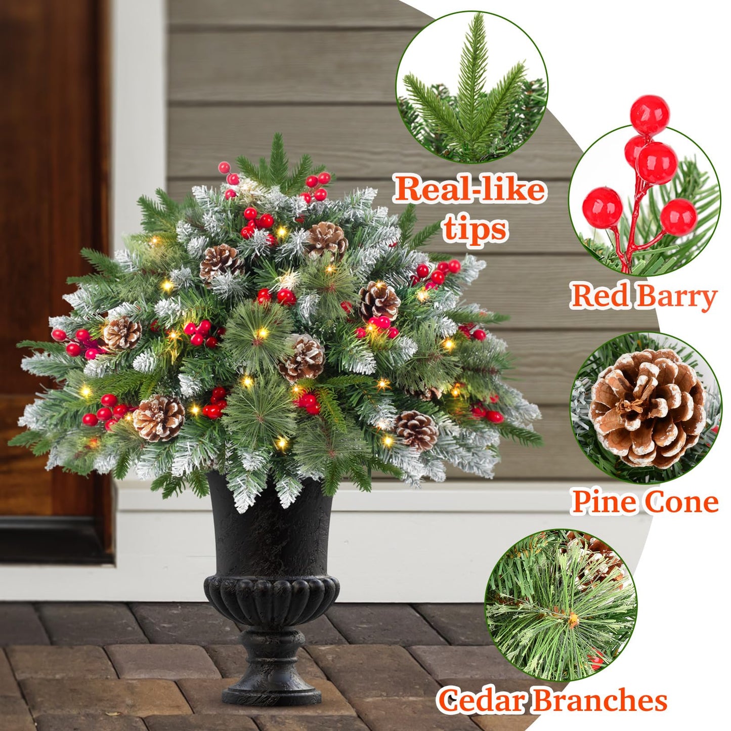 LAVEVE 20" Prelit Small Christmas Tree with Lights, Battery Operated Xmas Tree with Pine Cones & Red Berries, Frosted Urn Filler, 50 LED Warm Lights with Timer, Outdoor for Porch and Pathway, 1 Pack - Medaid International