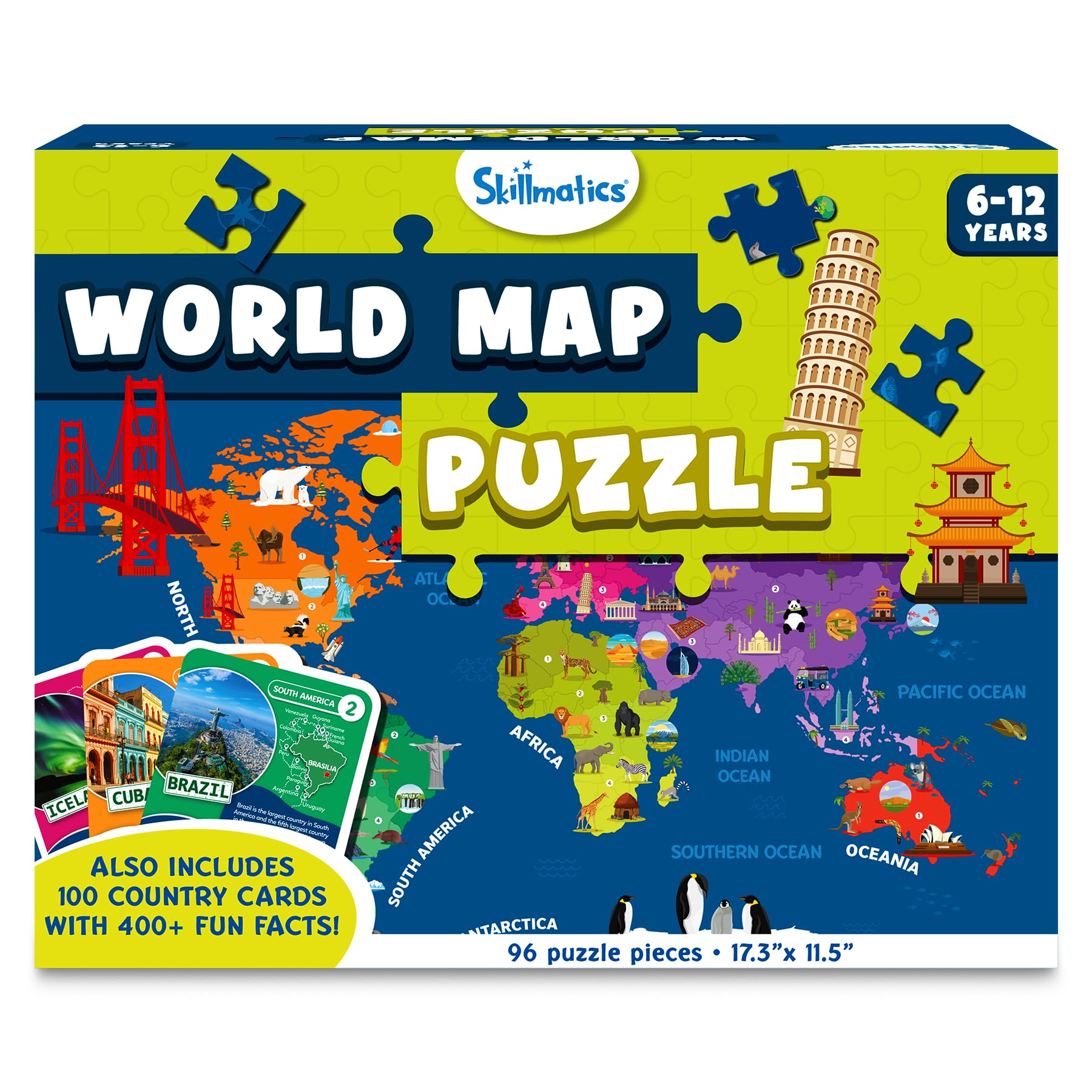 Skillmatics World Map Puzzle - 96 Piece Jigsaw Puzzle, Educational Toy, Geography for Kids, 400+ Facts, Gifts for Boys & Girls Ages 6 to 12 - Medaid International
