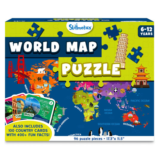 Skillmatics World Map Puzzle - 96 Piece Jigsaw Puzzle, Educational Toy, Geography for Kids, 400+ Facts, Gifts for Boys & Girls Ages 6 to 12 - Medaid International