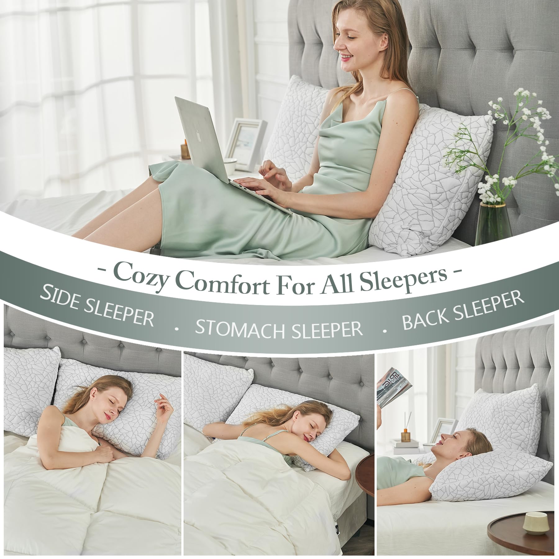 BPC Premium Rayon Derived from Bamboo Pillows Queen Size Set of 2 - Adjustable Shredded Memory Foam Pillow with Removable Cover Firm Pillow for Side Stomach and Back Sleepers, CertiPUR-US - Medaid International