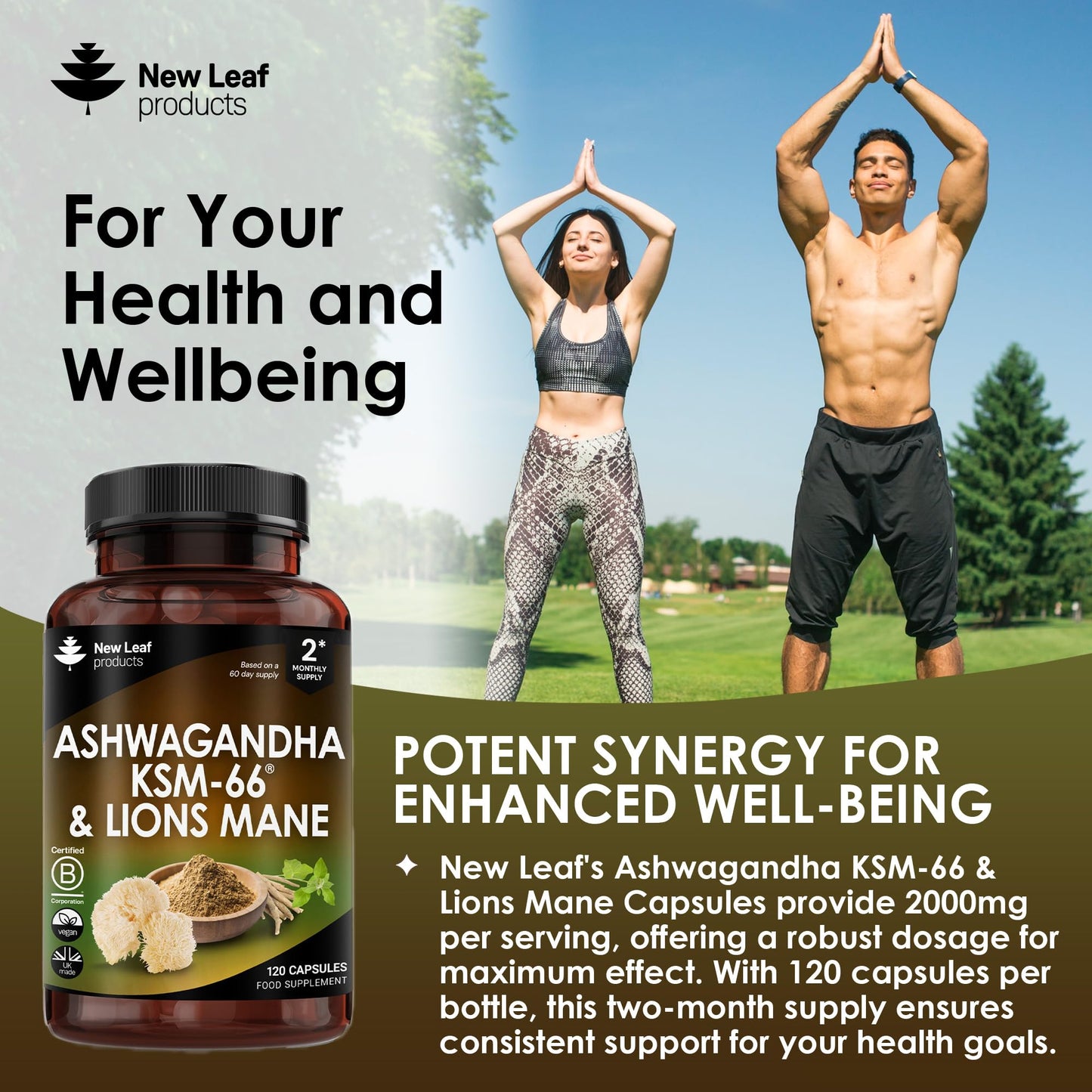 Ashwagandha KSM-66 and Lions Mane Capsules - High Strength 2000mg KSM-66 Ashwaghandha Root Extract and Lions Mane Mushroom Extract - 120 Vegan Capsules with Black Pepper - UK Made by New Leaf - Medaid International