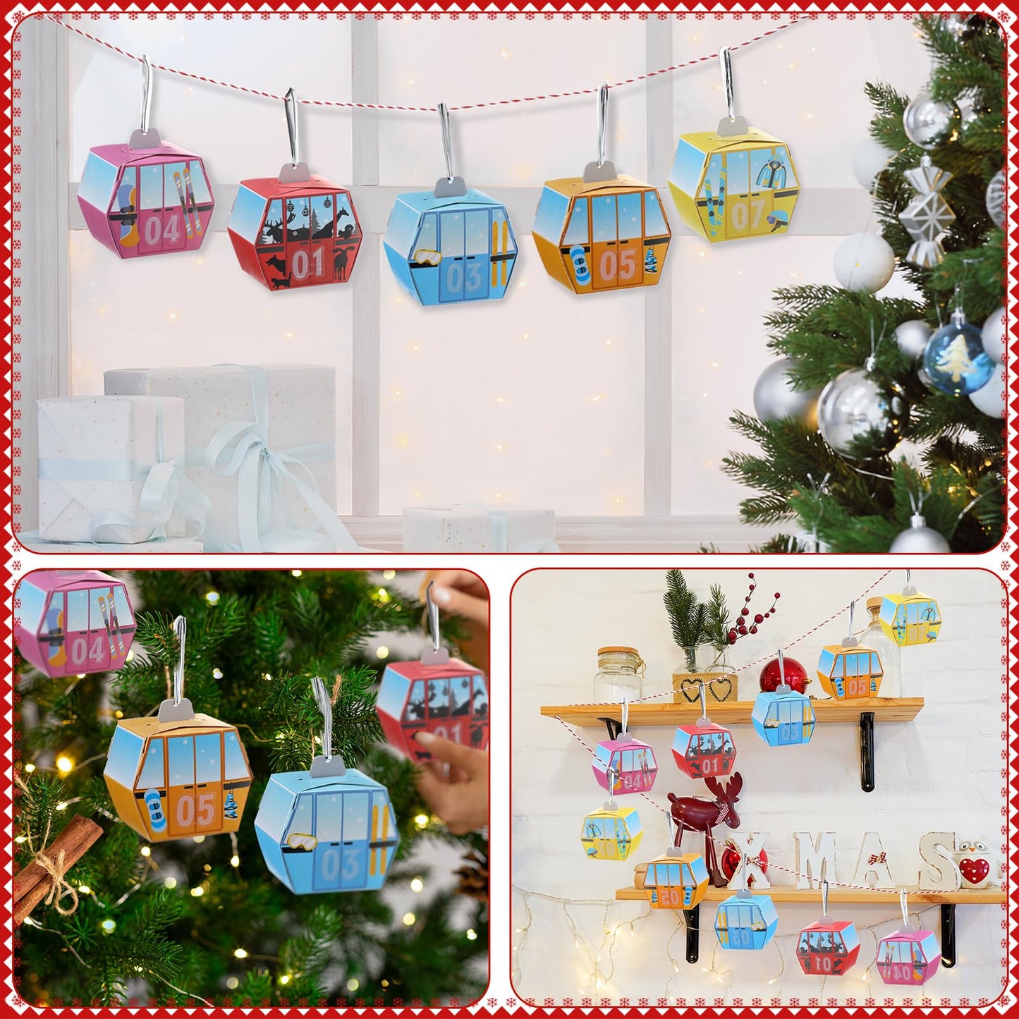 Yexiya Gondola Lift Advent Calendar for Christmas Countdown 25 Empty Advent Boxes Red White Rope and Twist Tie DIY Decoration for Xmas Holiday Hanging Decor - Medaid International