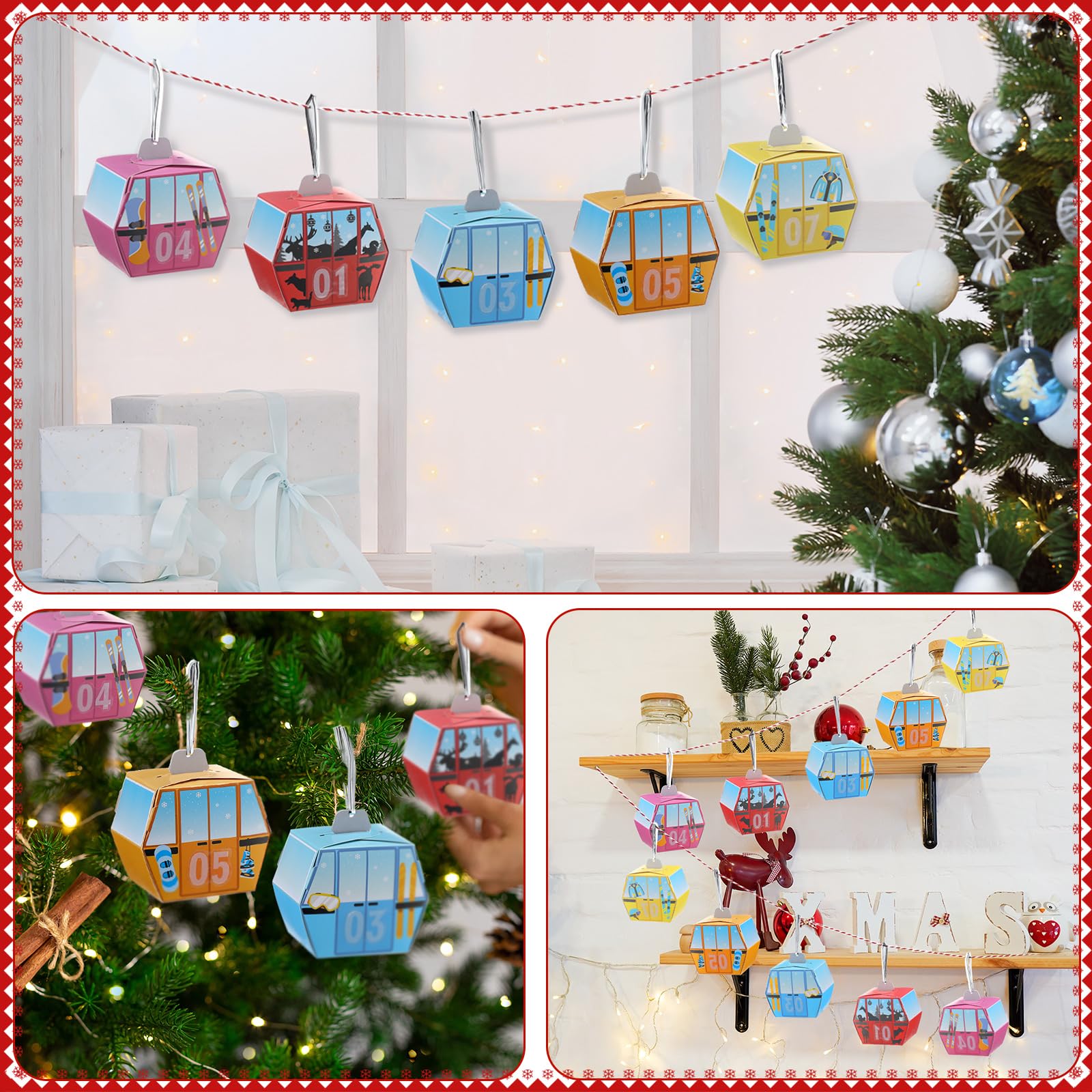 Yexiya Gondola Lift Advent Calendar for Christmas Countdown 25 Empty Advent Boxes Red White Rope and Twist Tie DIY Decoration for Xmas Holiday Hanging Decor - Medaid International