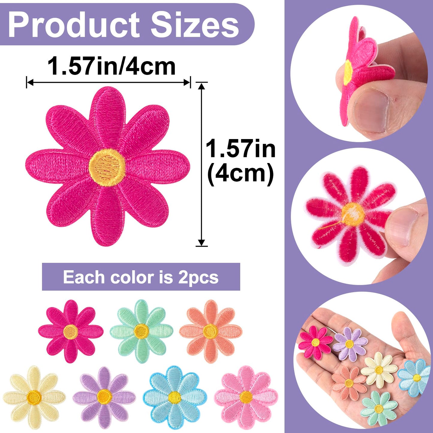 14 Pcs Flower Iron on Patches, Cute Daisy Flower Applique Patch, Sew On Embroidered Applique Sewing Patches for Bags, Jackets, Jeans, Clothes DIY Patches, 1.57x1.57inch, 7 Colors - Medaid International