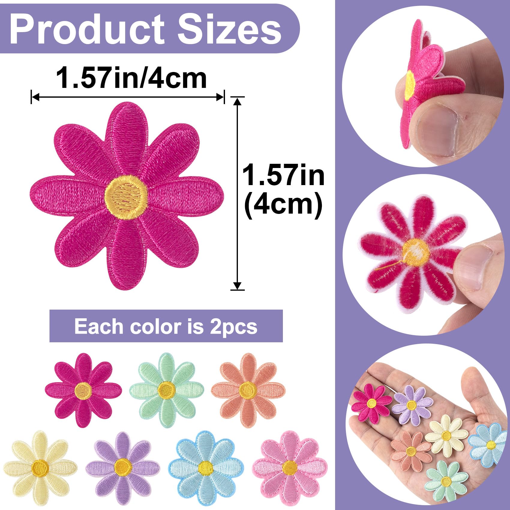 14 Pcs Flower Iron on Patches, Cute Daisy Flower Applique Patch, Sew On Embroidered Applique Sewing Patches for Bags, Jackets, Jeans, Clothes DIY Patches, 1.57x1.57inch, 7 Colors - Medaid International