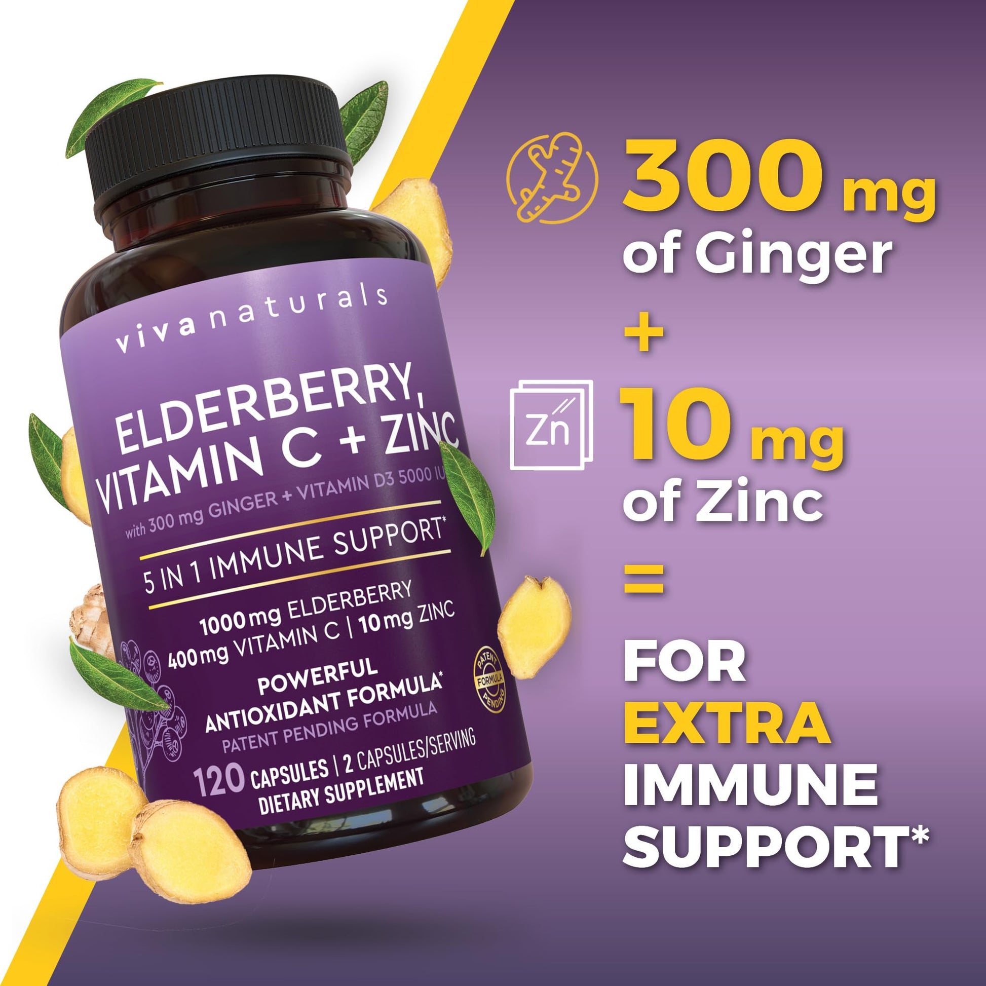 Viva Naturals Elderberry with Vitamin C and Zinc for Adults - 5 in 1 Sambucus Black Elderberry Capsules with Vitamin D3 5000 IU Immunity Supplement, Sambucus Elderberry Immune Support Supplement - Medaid International