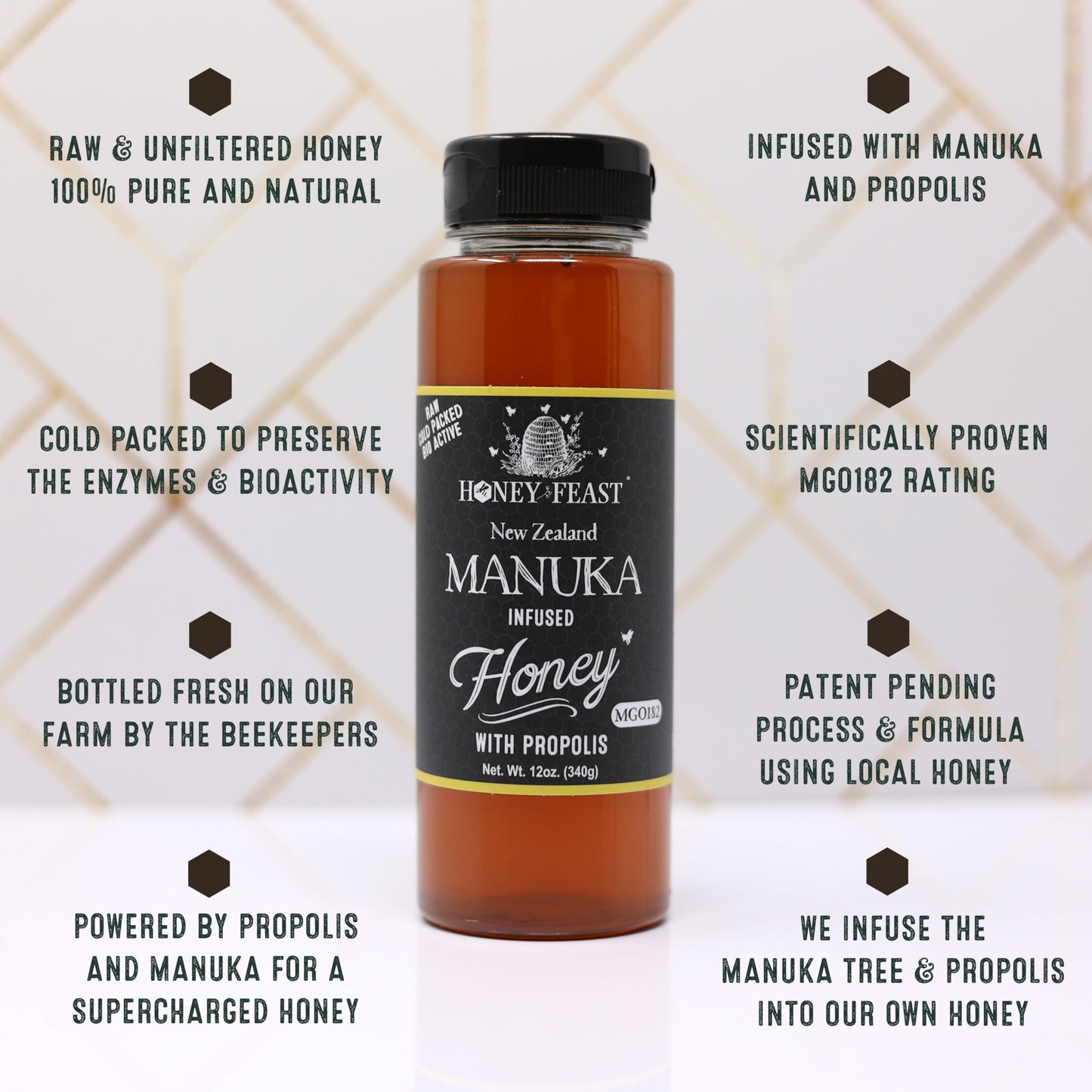 HONEY FEAST New Zealand Manuka Infused Honey with Propolis 12oz - Raw Manuka Honey, Patent Pending Formula, MGO182 Rating, Manuka Honey New Zealand - Medaid International