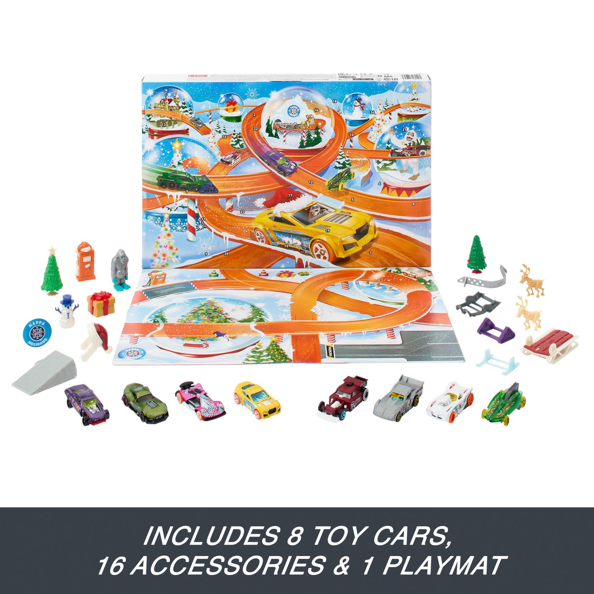 Hot Wheels Toy Cars, 2024 Advent Calendar, 8 1:64 Scale Cars, 16 Winter-Themed Accessories Behind 24 Numbered Doors & a Playmat - Medaid International