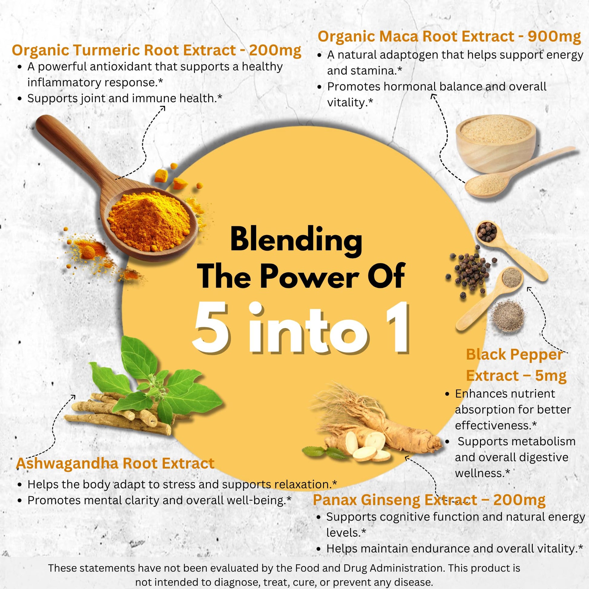 AlturaWise 5 in 1 Pure Maca Root Capsules for Men and Women | Maca Root Powder Capsules with Black + Red + Yellow Maca Root with ashwagandha, panax Ginseng Extract Supplement - 90 Vegan Pills - Medaid International