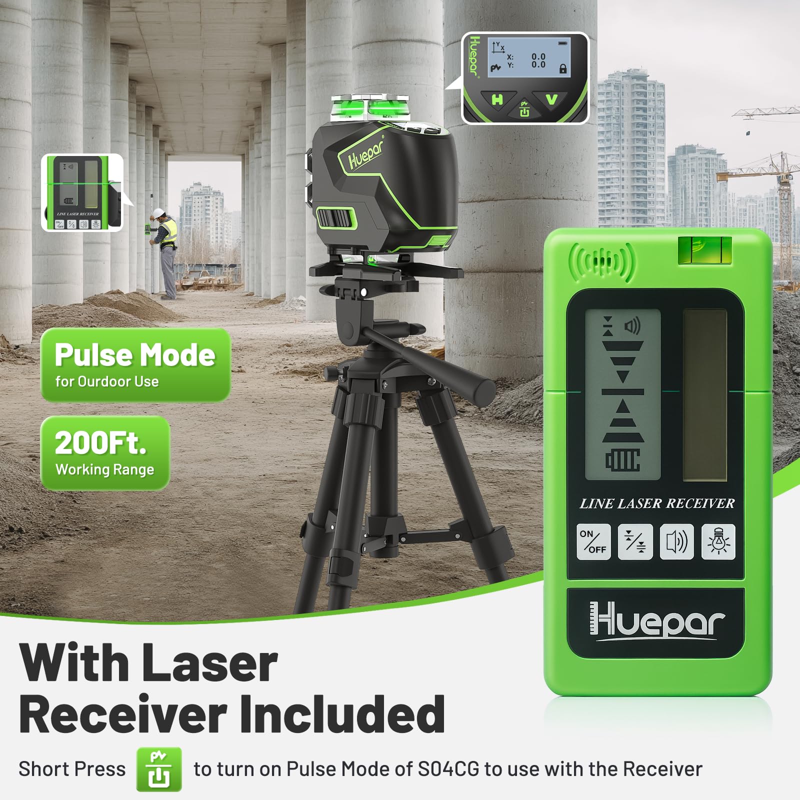 Huepar 16 Lines Self Leveling Laser Level 4x360° Cross Line Laser with Receiver -LCD Screen, 4D Bluetooth Green Beam Tiling Floor Laser Tool, 360° Horizontal/Vertical Laser Kit -Remote Control S04-5RG - Medaid International