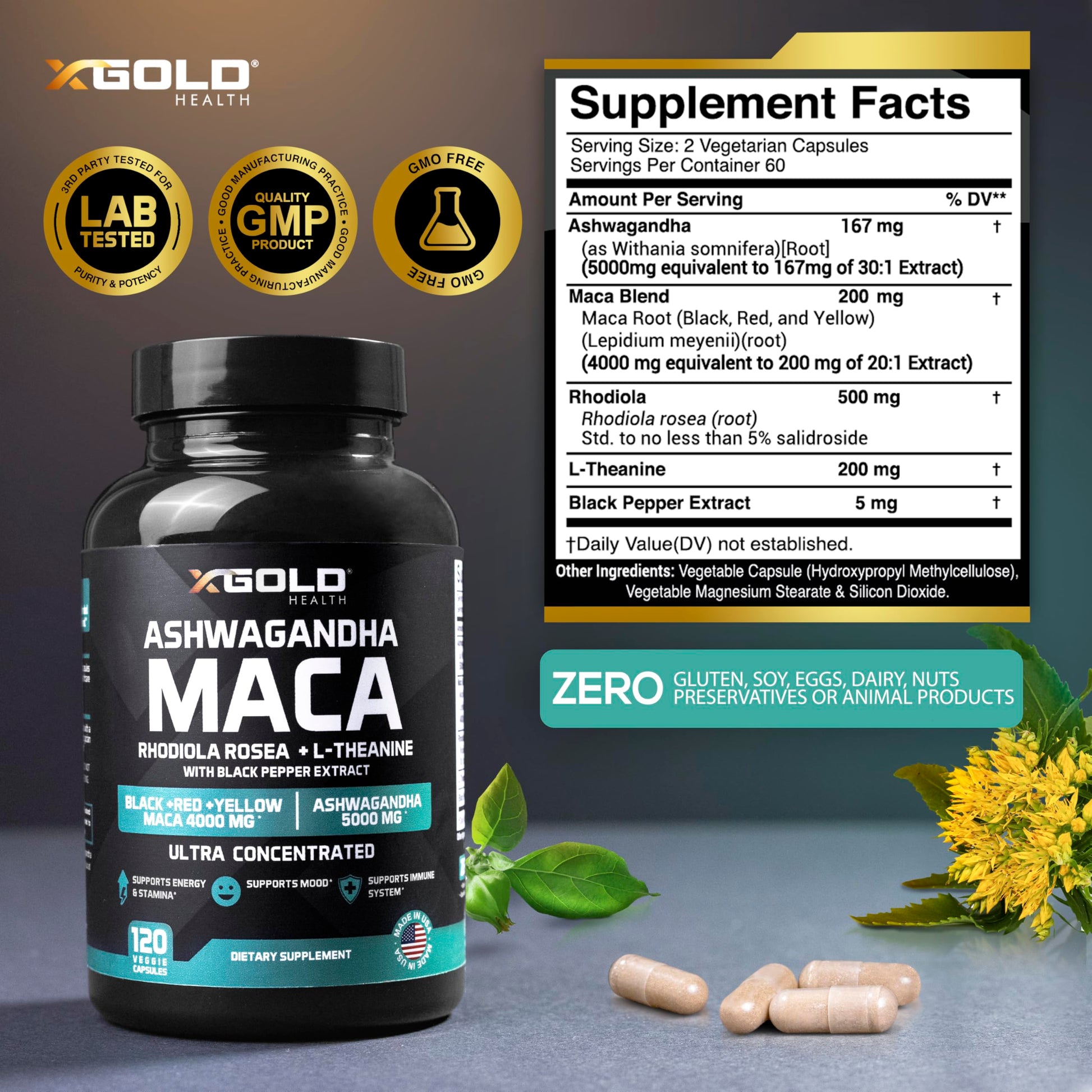 Ashwagandha 5,000mg + Maca Root Black, Red, Yellow 4,000mg, Rhodiola & L-Theanine: 30:1 Extract Ashwagandha Capsules, 20:1 Extract Maca Root Capsules - Supplement for Men and Women - Medaid International