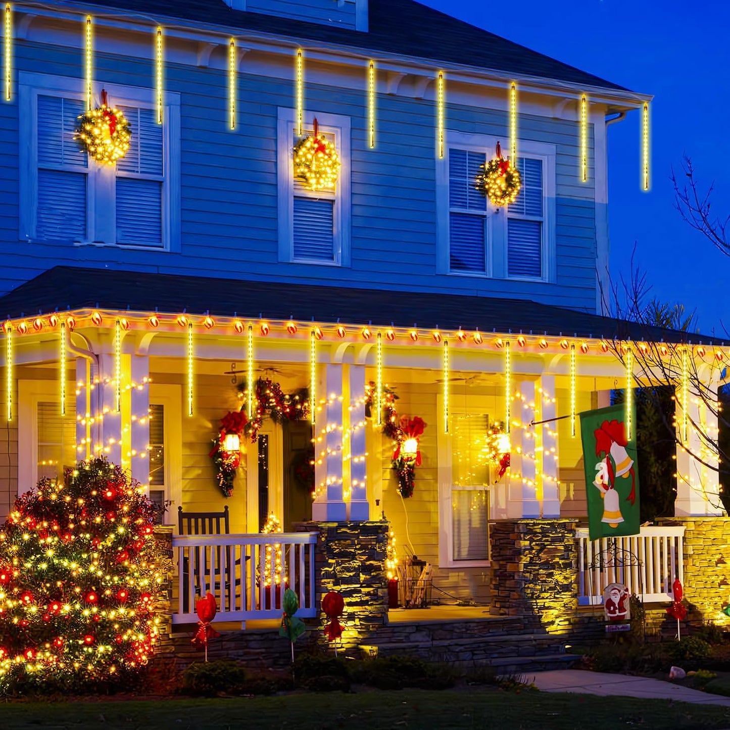 JMEXSUSS Solar Meteor Shower Lights Outdoor, 8 Tube 144 LEDs Warm White Solar Christmas Lights for Tree Eave Xmas Holiday Party Patio House Wedding Decor - Medaid International