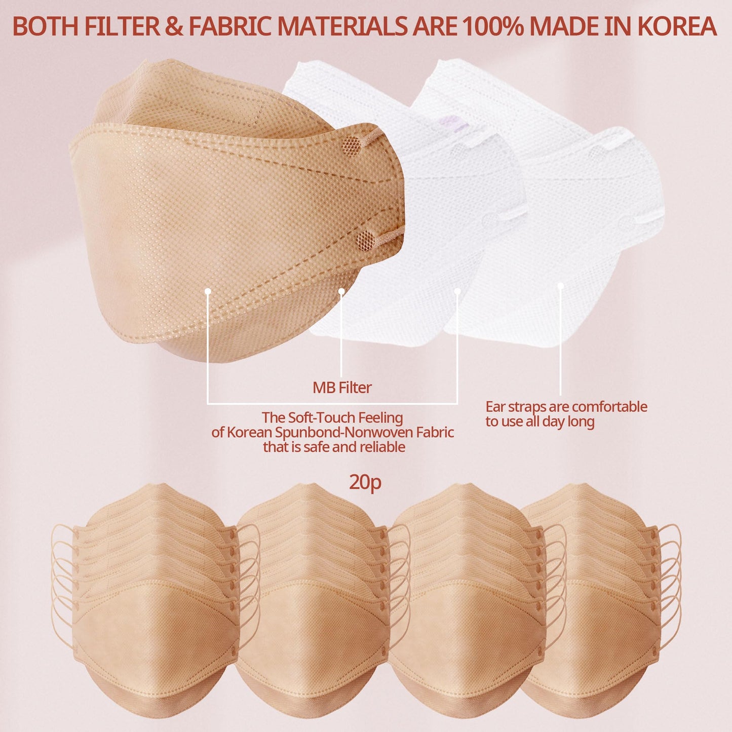 AIRAID-KF94 [Individually Wrapped] - Made in Korea, 3D Multicolor Packs, Face Protective Mask, Adult and Older Teens (Beige-20P) - Medaid International