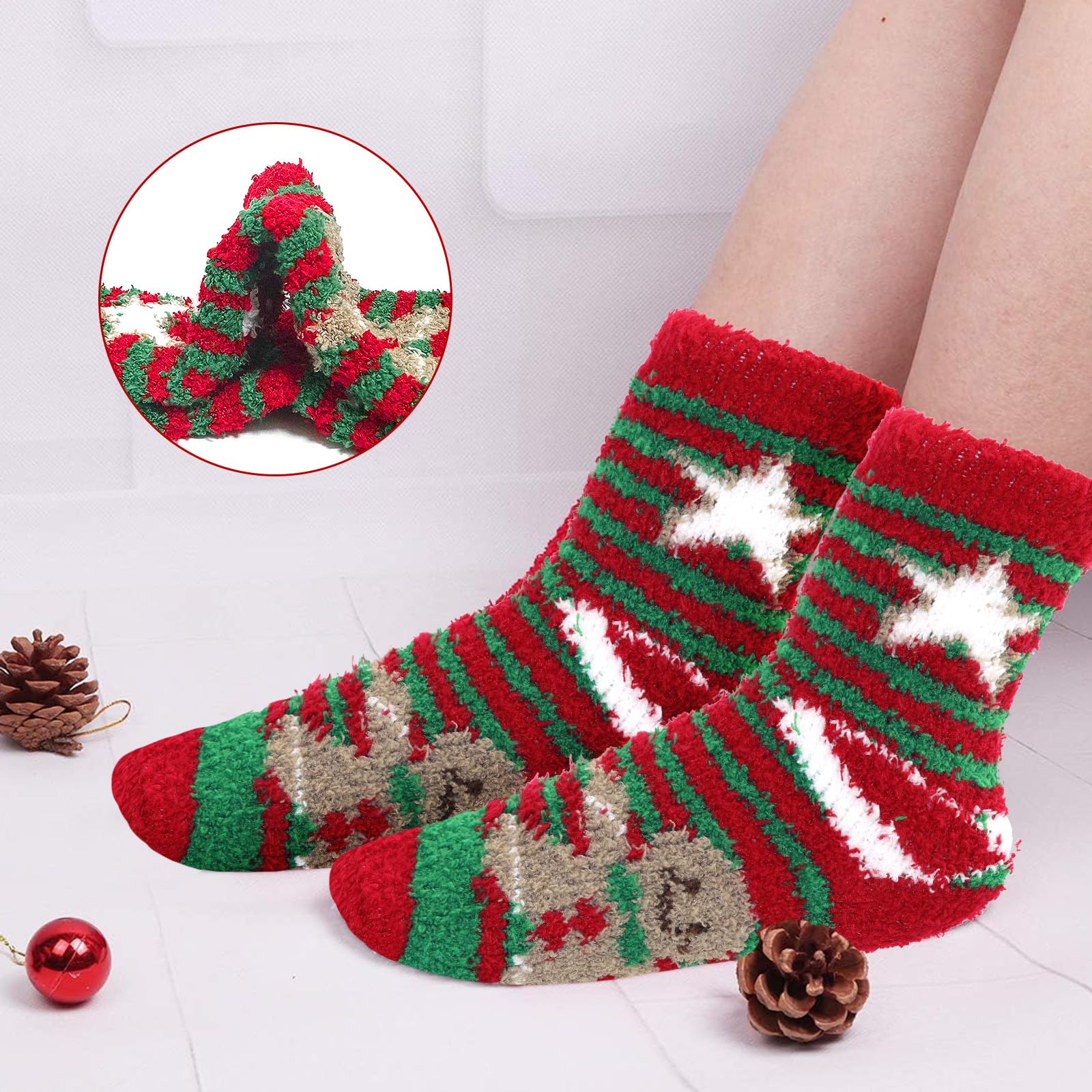 Fuzzy Christmas Socks - 6 Pairs Cozy Warm Fluffy Plush Bed Socks for Women, Girls - Cute Coral Fleece Xmas Indoor - Medaid International