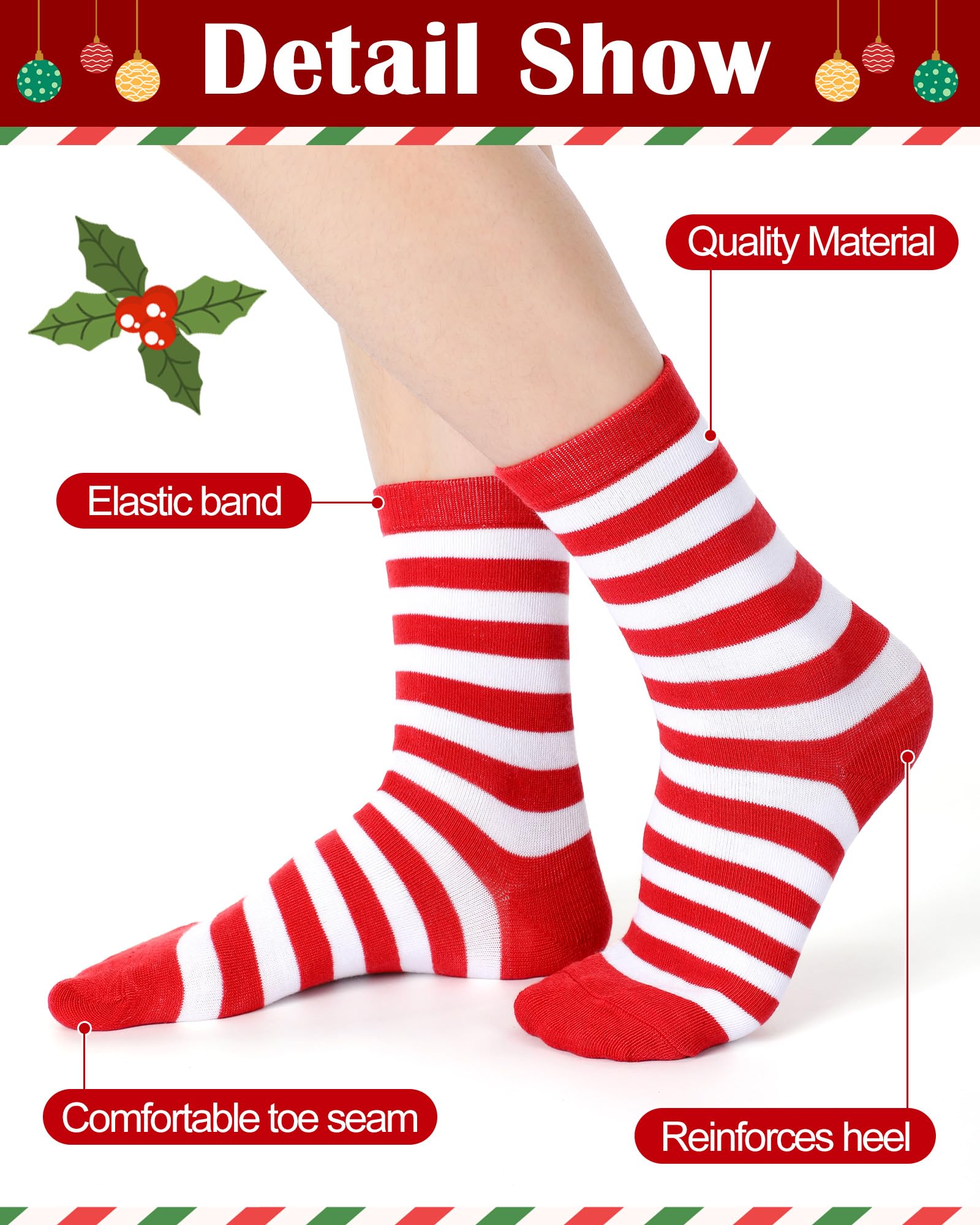 Eurzom 6 Pairs Christmas Women's Striped Socks Holiday Novelty Crew Socks Bulk Holiday Gift for Xmas Women Men Elf Costume(Red White, Green White, Red and Green) - Medaid International
