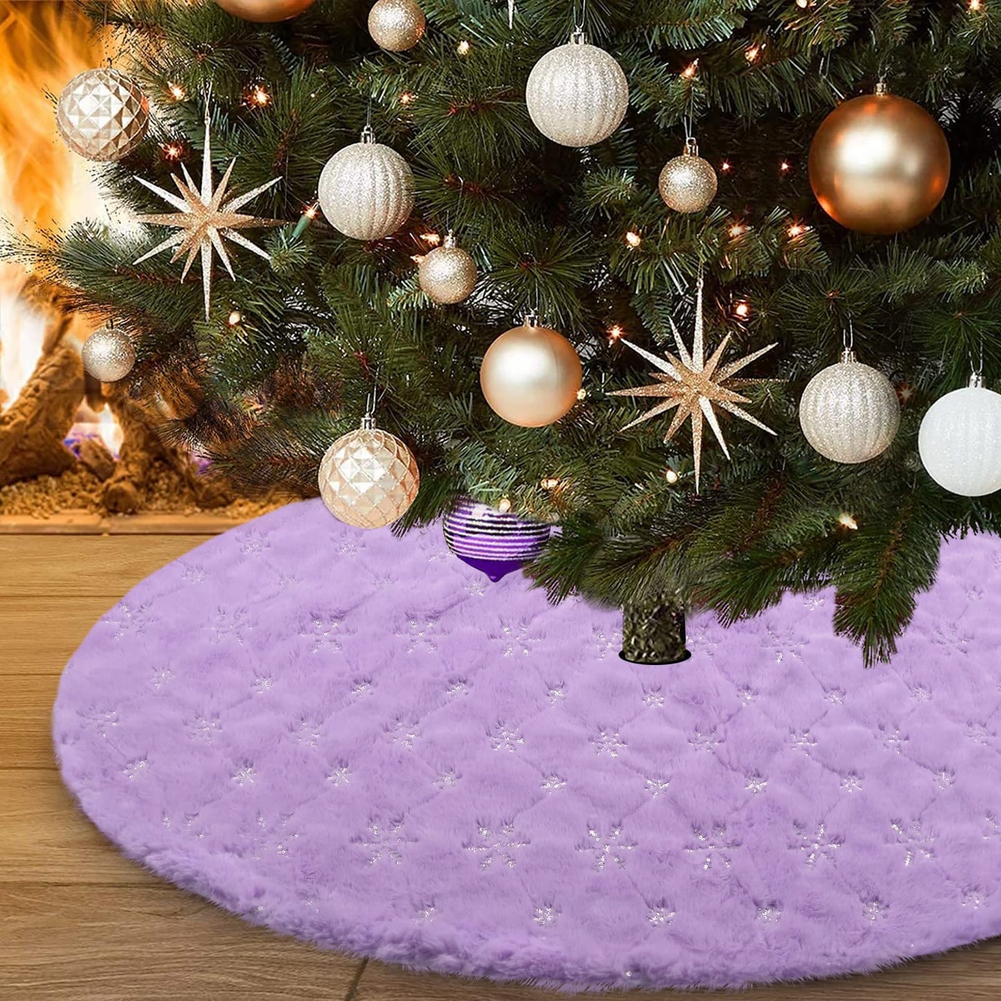 yuboo Purple Faux Fur Christmas Tree Skirt with Silver Snowflakes, 48 Inches Lavender Xmas Tree Mat for Purple Spring Easter Decorations for Home - Medaid International