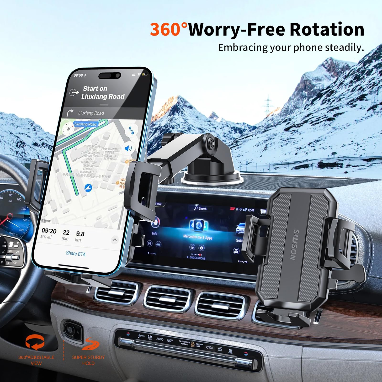 SUUSON Upgraded 3-in-1 Car Phone Holder Mount [Powerful Suction] Phone Mount for Car Dashboard Air Vent Windshield,for All iPhone Android Phone (Black) - Medaid International