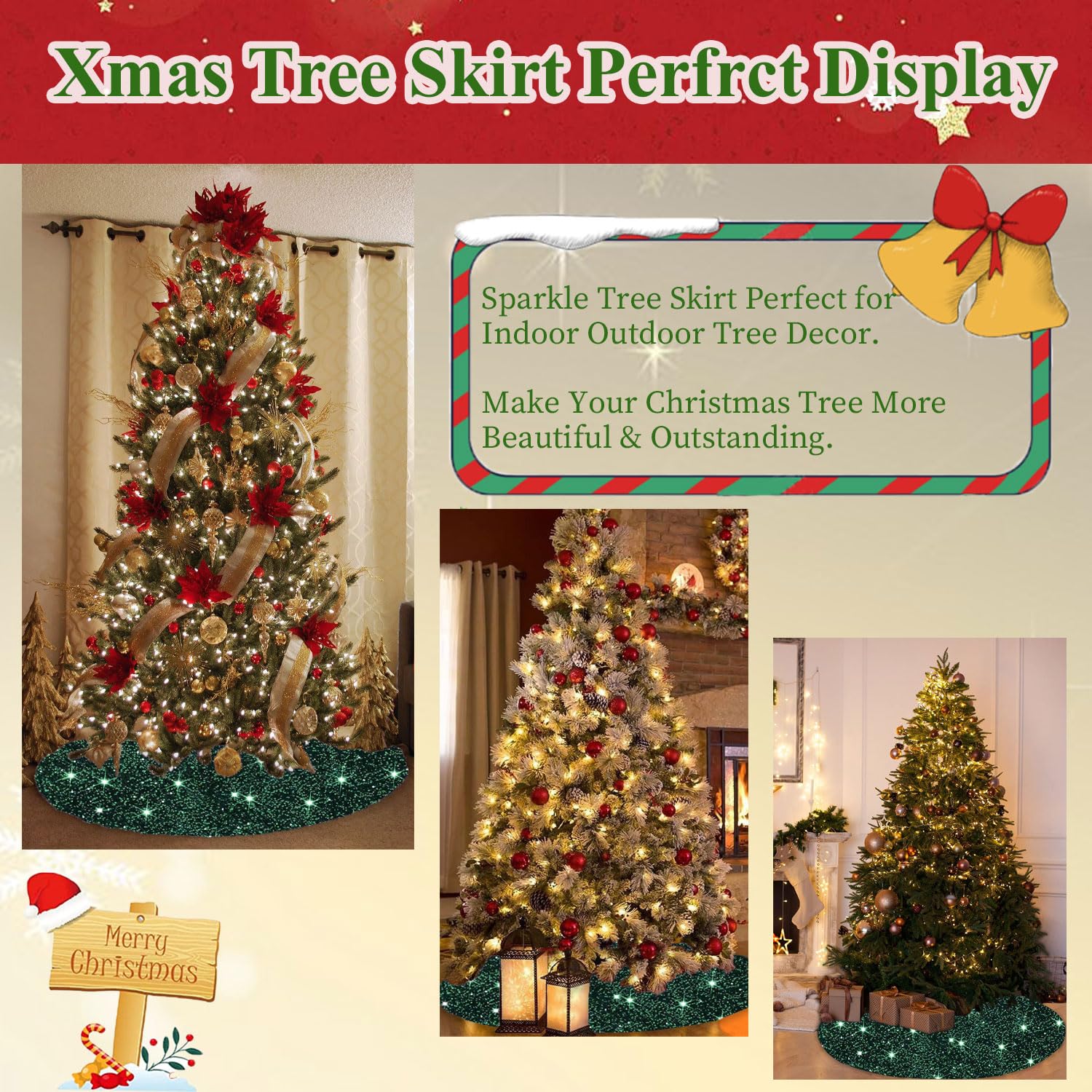 MODFUNS Dark Green Christmas Tree Skirt Sequin Merry Christmas Tree Skirt 36 Inch with Santa Decorations for Tree Velvet Tree Skirt for Kids Xmas Tree Skirt Rustic Tree Mat Green Tree Cover Skirt - Medaid International