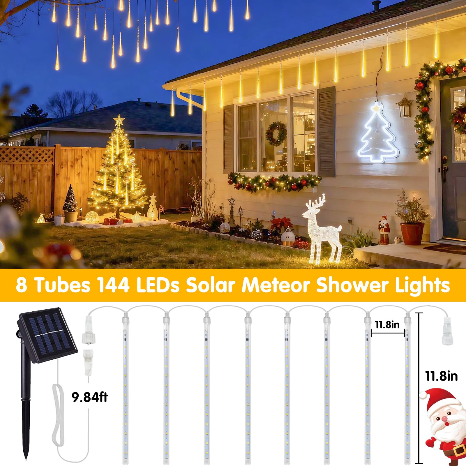 JMEXSUSS Solar Meteor Shower Lights Outdoor, 8 Tube 144 LEDs Warm White Solar Christmas Lights for Tree Eave Xmas Holiday Party Patio House Wedding Decor - Medaid International