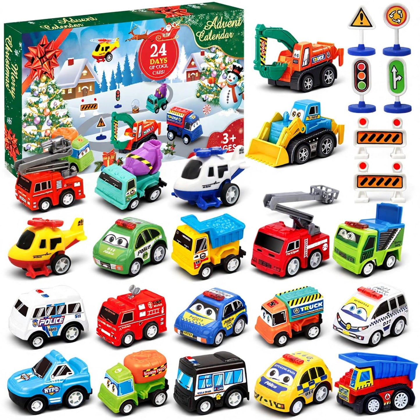 Advent Calendar 2025 Kids Boys, 24 Days Christmas Countdown with Pull-Back Cars Traffic Sign Sets, Christmas Advent Calendar Vehicles Holiday Gifts Kids Boys Girls Toddlers - Medaid International