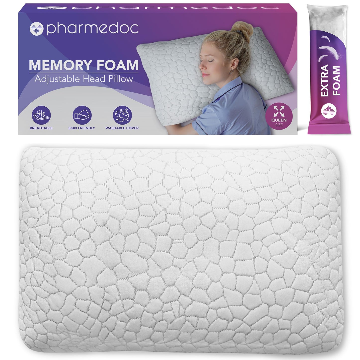 Pharmedoc Adjustable Shredded Memory Foam Bed Pillow - Perfect for Side Sleeper - Rectangular - Neck Support for Pain Relief - Queen Size - Extra Filling Pack - Medaid International