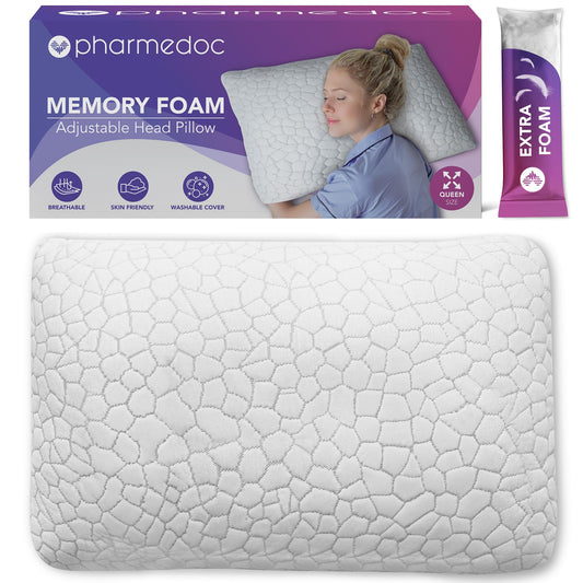 Pharmedoc Adjustable Shredded Memory Foam Bed Pillow - Perfect for Side Sleeper - Rectangular - Neck Support for Pain Relief - Queen Size - Extra Filling Pack - Medaid International