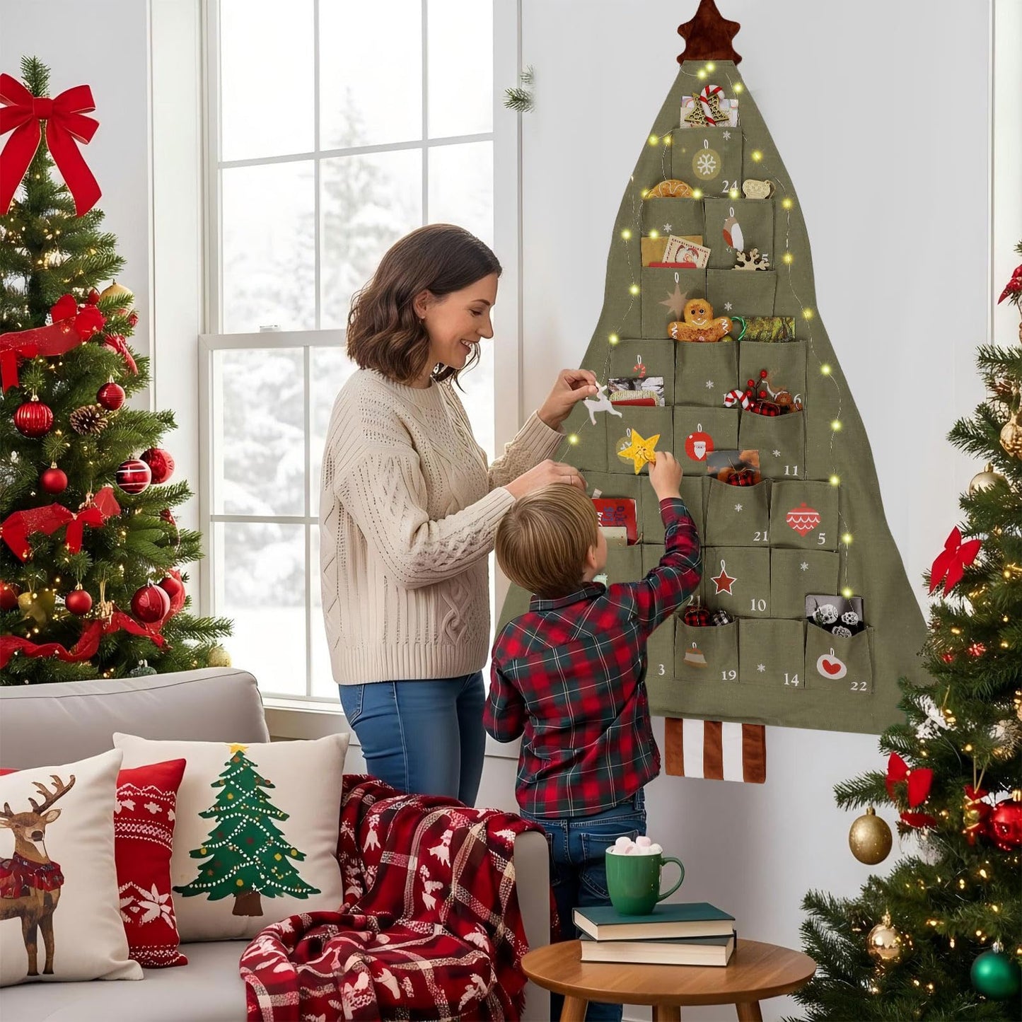 SATINIOR Fabric Christmas Advent Calendar with Pockets Xmas Tree Empty Cloth Advent Calendar to Fill 24 Days Reusable Natural 24 Days Countdown Hanging Storage Bag for Home Xmas Countdown Decoration - Medaid International