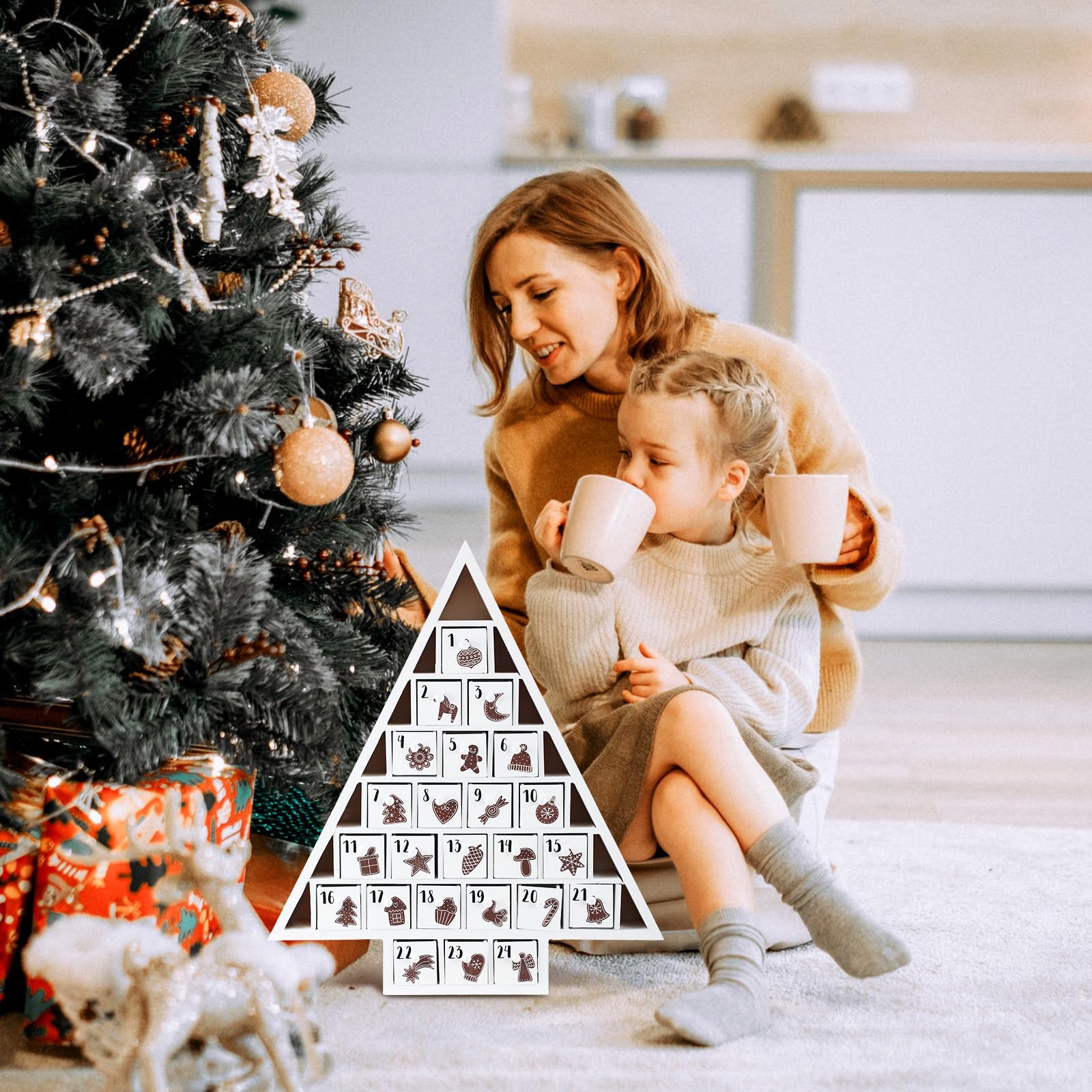 Cinnvoice LED Wooden Christmas Advent Calendar with 24 Drawers, Tree Shaped Countdown to Christmas Refillable Wooden Advent Calendar with LED Lights, Reusable Xmas Gift for Family Adults Friend, White - Medaid International