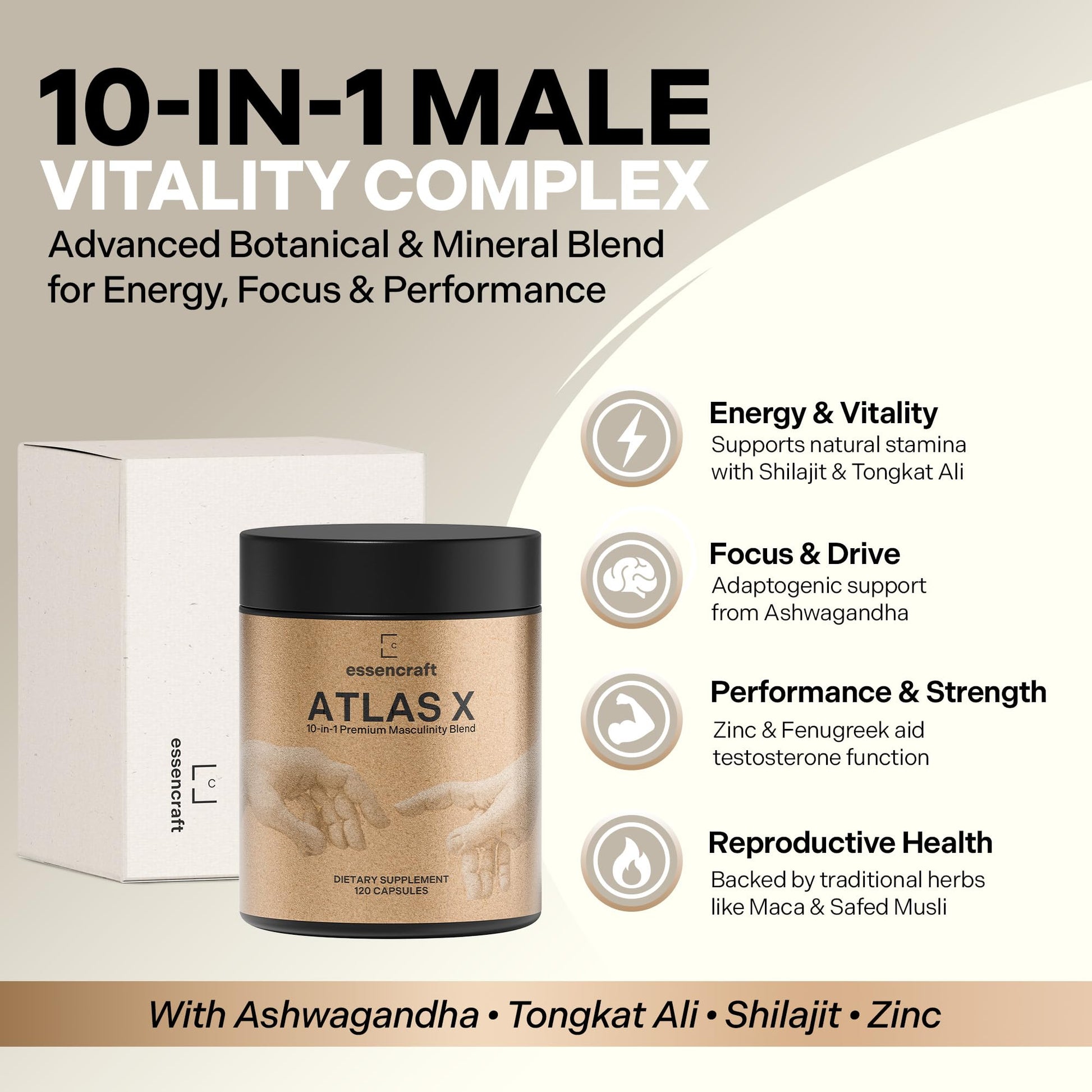 Essencraft Atlas X Testosterone Supplement for Men – 10-in-1 Natural Testosterone Booster & Muscle Booster w/Shilajit, Zinc, Tongkat Ali, & More (120 Capsules) - Medaid International