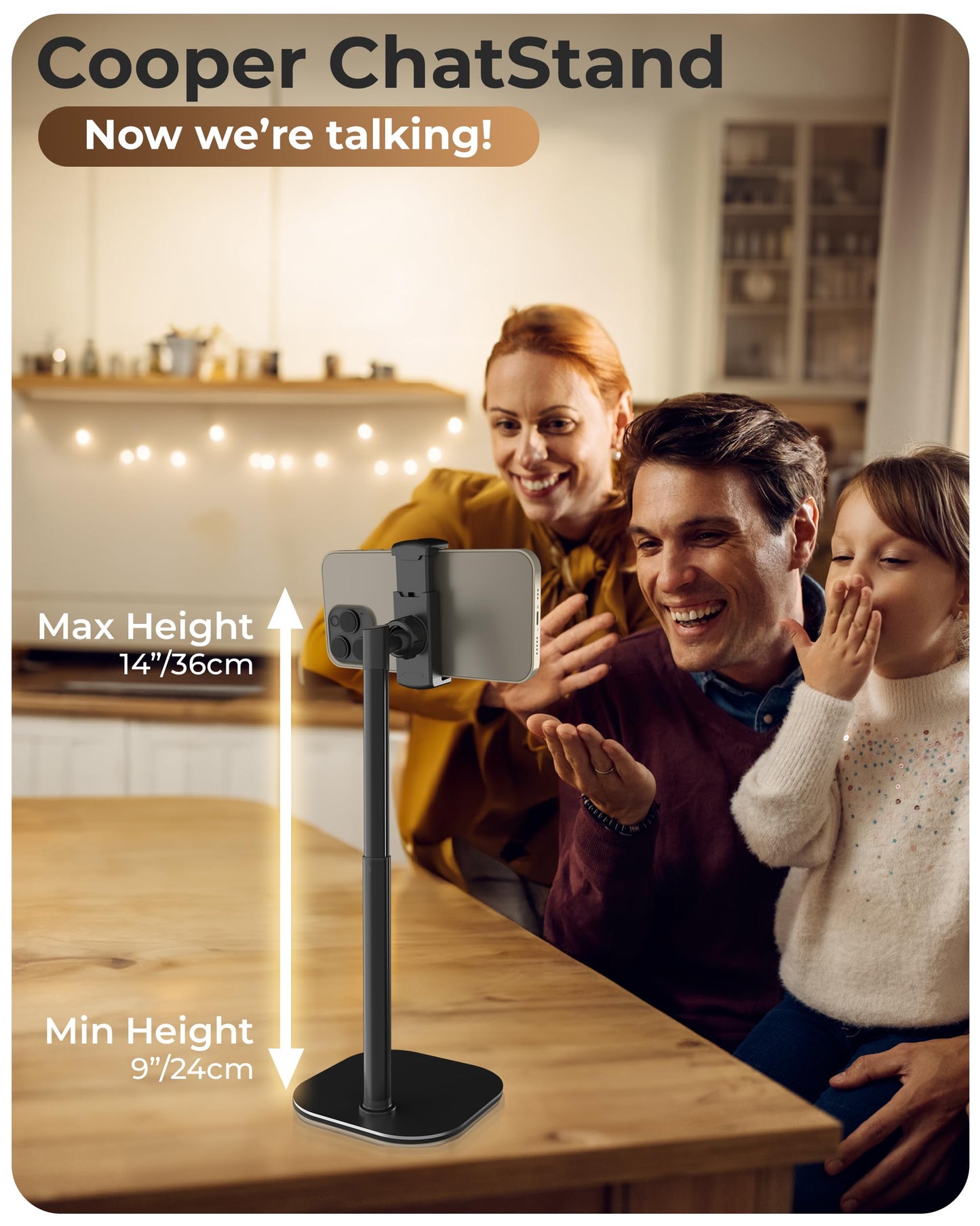 COOPER ChatStand, Adjustable Cell Phone Stand for Desk, Phone Stand for Recording, iPhone Holder for Filming, Small Tripod for iPhone, Fits Samsung, Android Smartphones - Night Black - Medaid International